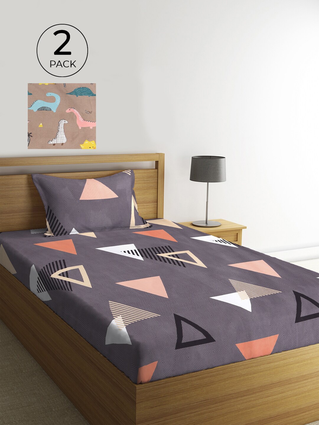 

KLOTTHE Grey & Brown Geometric 210 TC 2 Single Bedsheet with 2 Pillow Covers