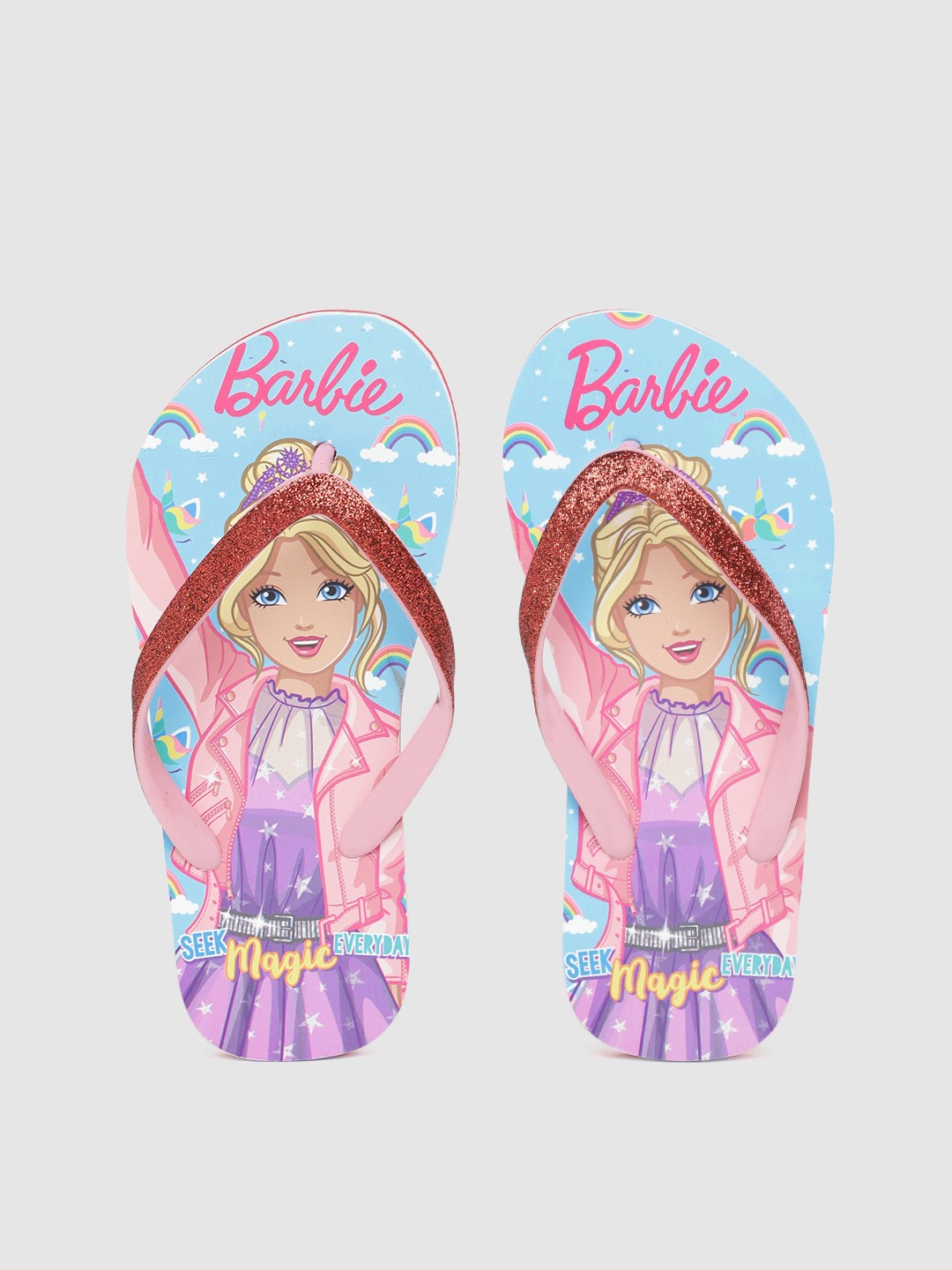 

toothless Girls Pink & Blue Barbie Printed Rubber Slip-On