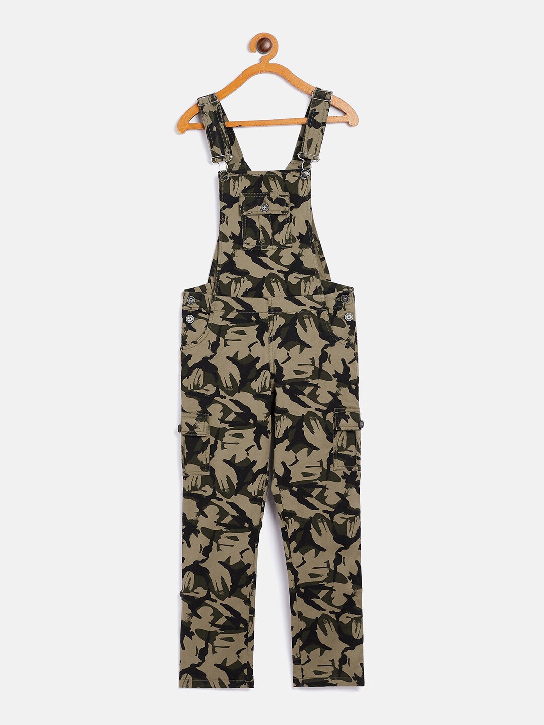 

Crimsoune Club Girls Olive-Green Camouflage Printed Straight-Leg Dungarees