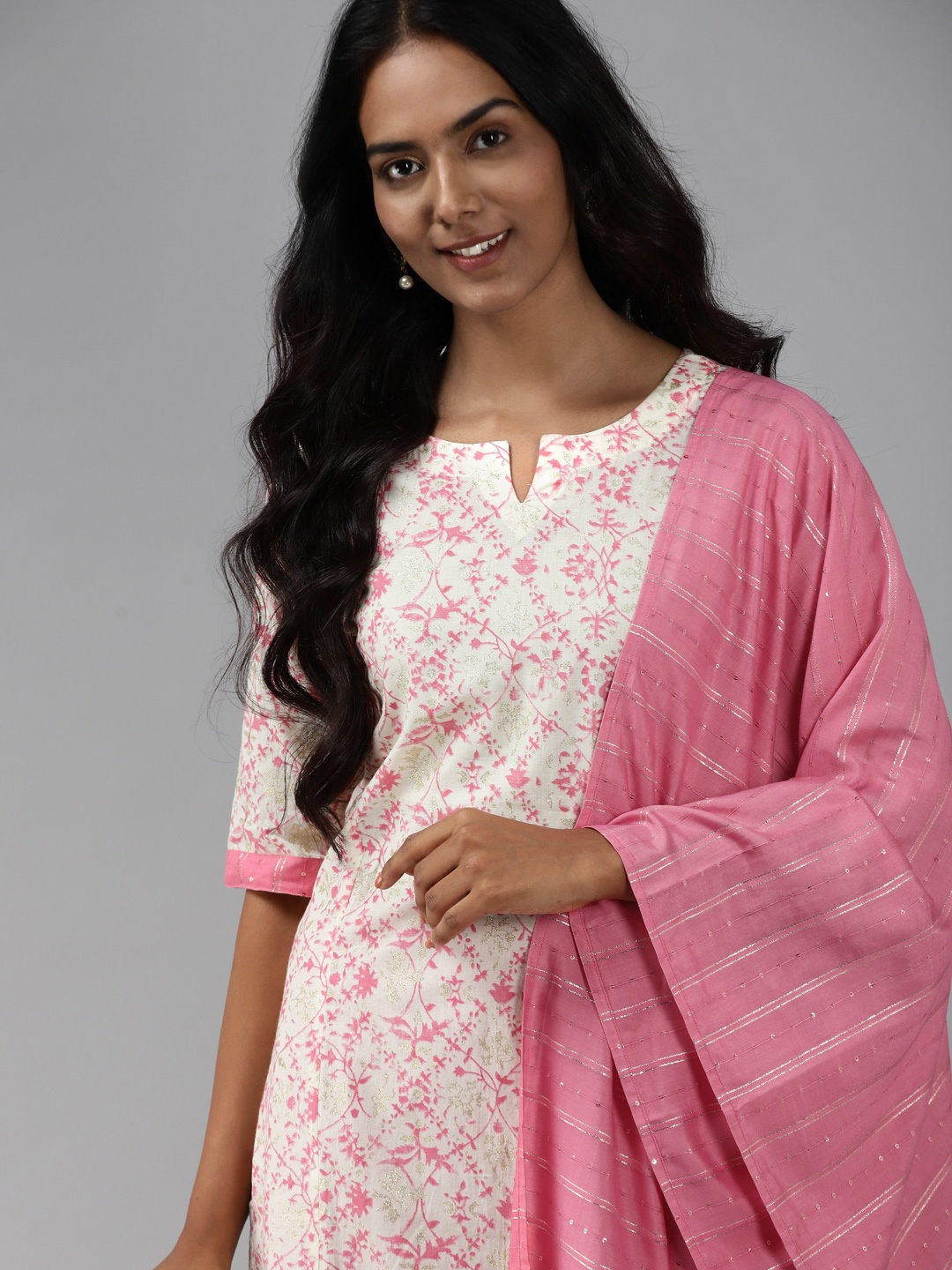 

Indo Era Women Off White Floral Printed Regular Pure Cotton Kurta with Palazzos & With Dupatta