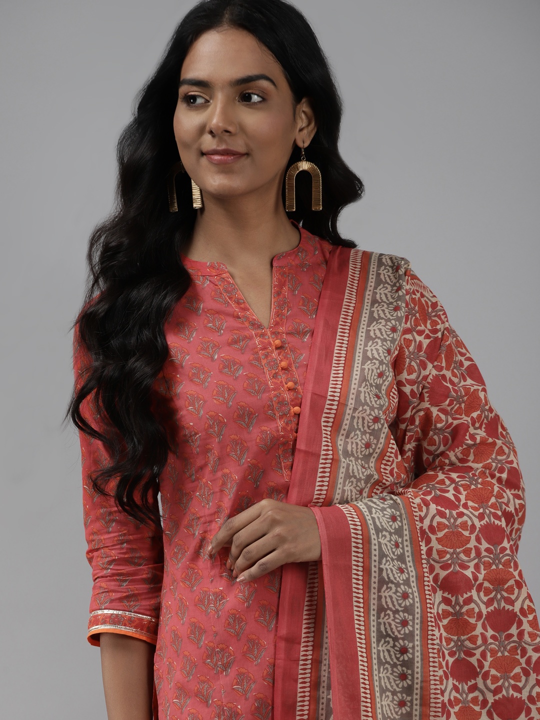 

Indo Era Women Orange Floral Printed Regular Gotta Patti Kurta with Palazzos & With Dupatta