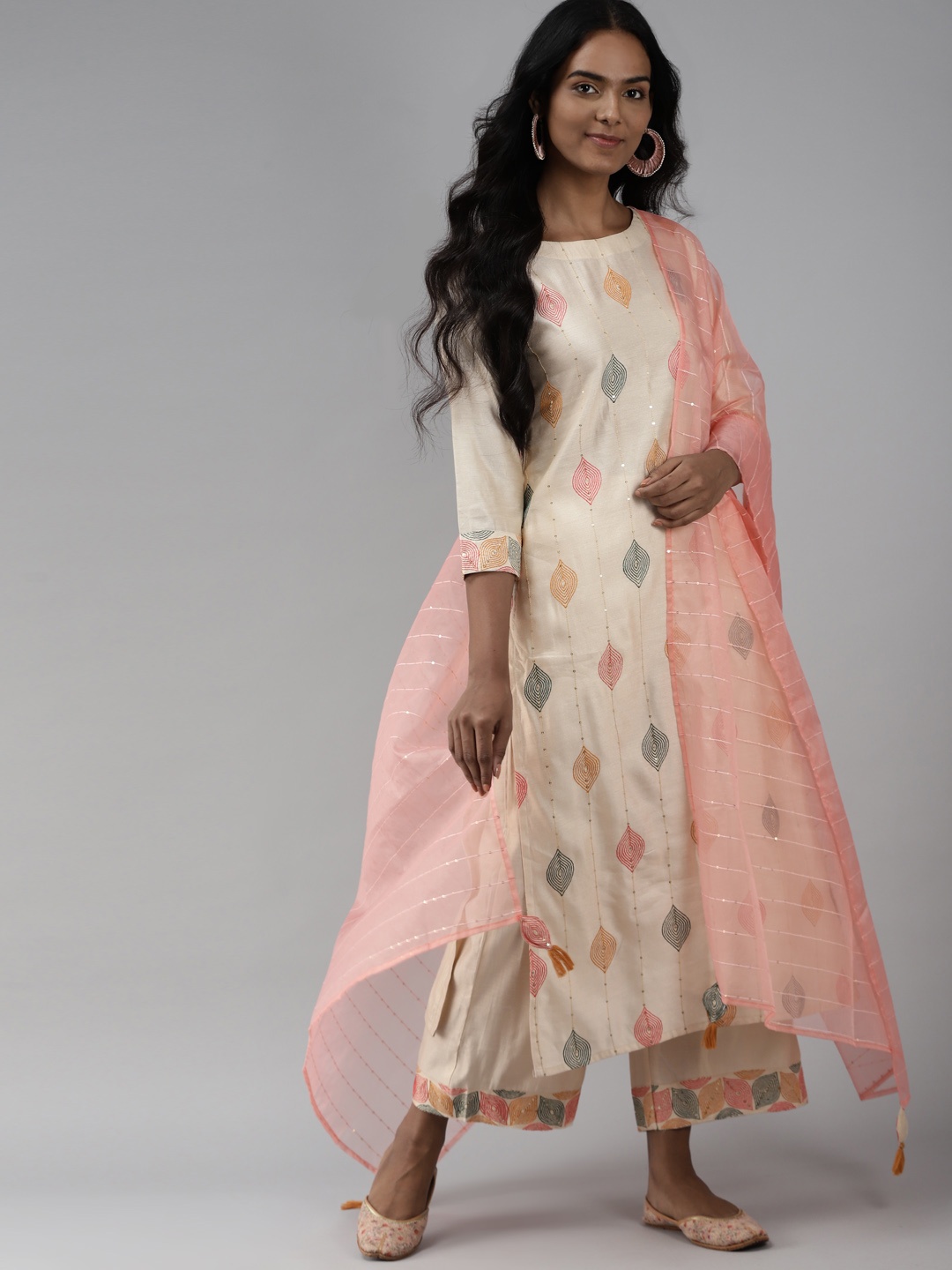 

Indo Era Women Off White & Pink Ethnic Embroidered Liva Kurta with Palazzos & Dupatta