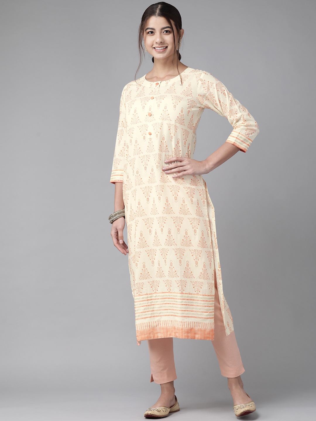 

Indo Era Women Off White & Orange Floral Printed Kurta