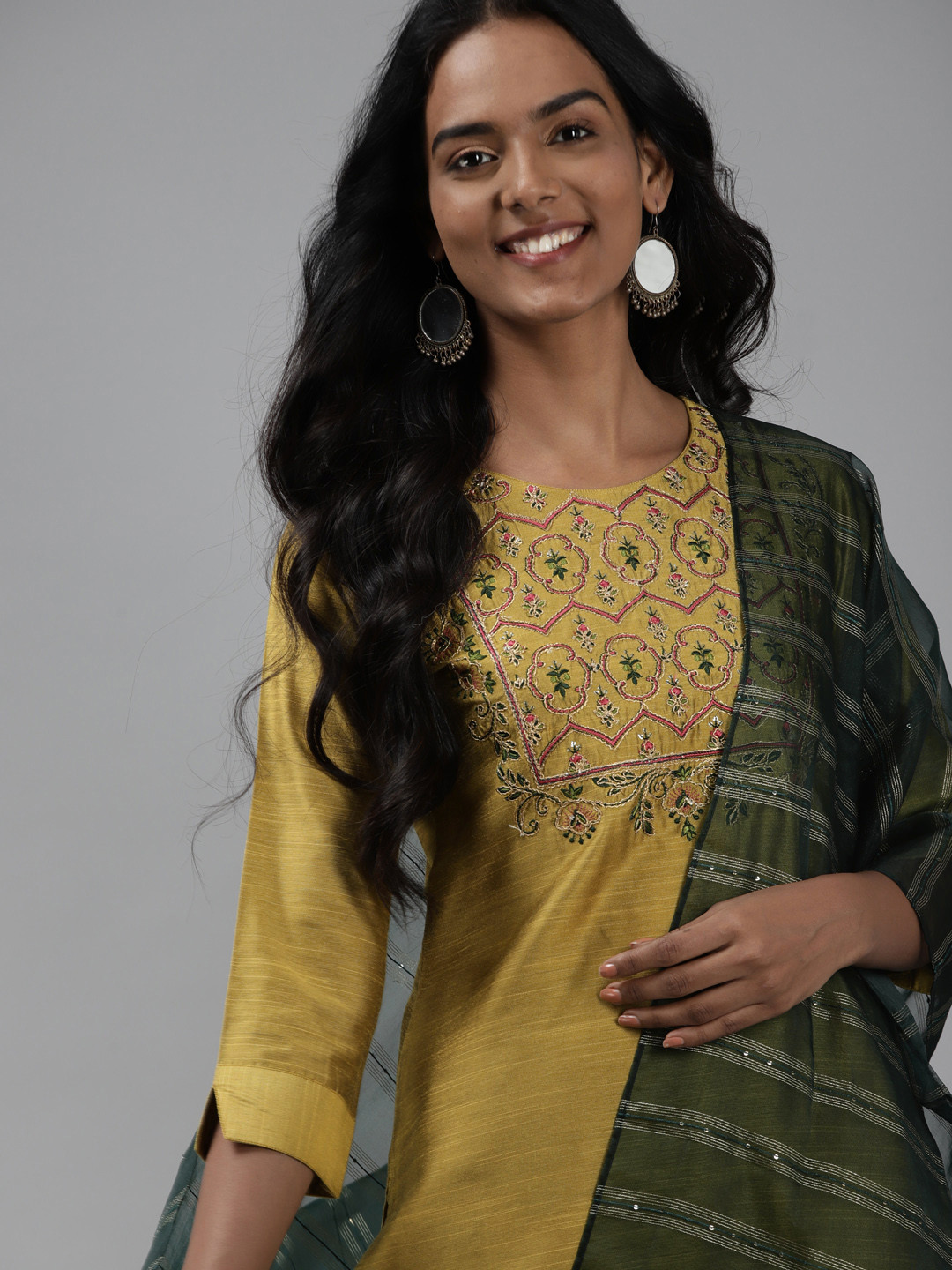 

Indo Era Women Olive Green Floral Yoke Design Chanderi Silk Kurta with Palazzos & Dupatta