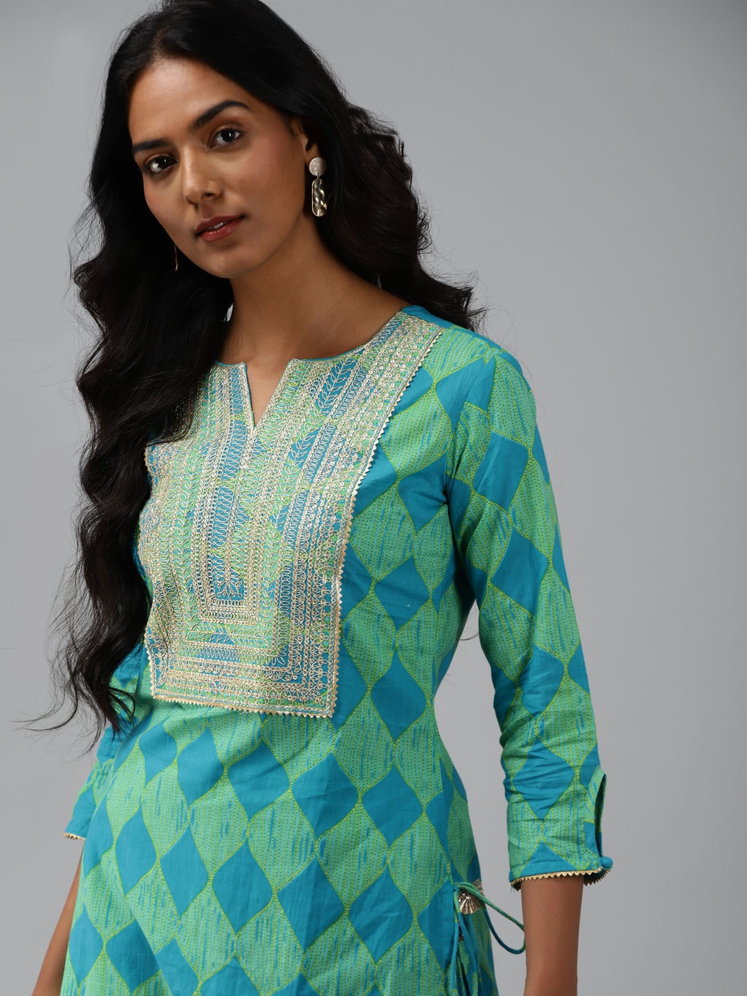 

Indo Era Women Green & Blue Printed Regular Gotta Patti Pure Cotton Kurta with Sharara