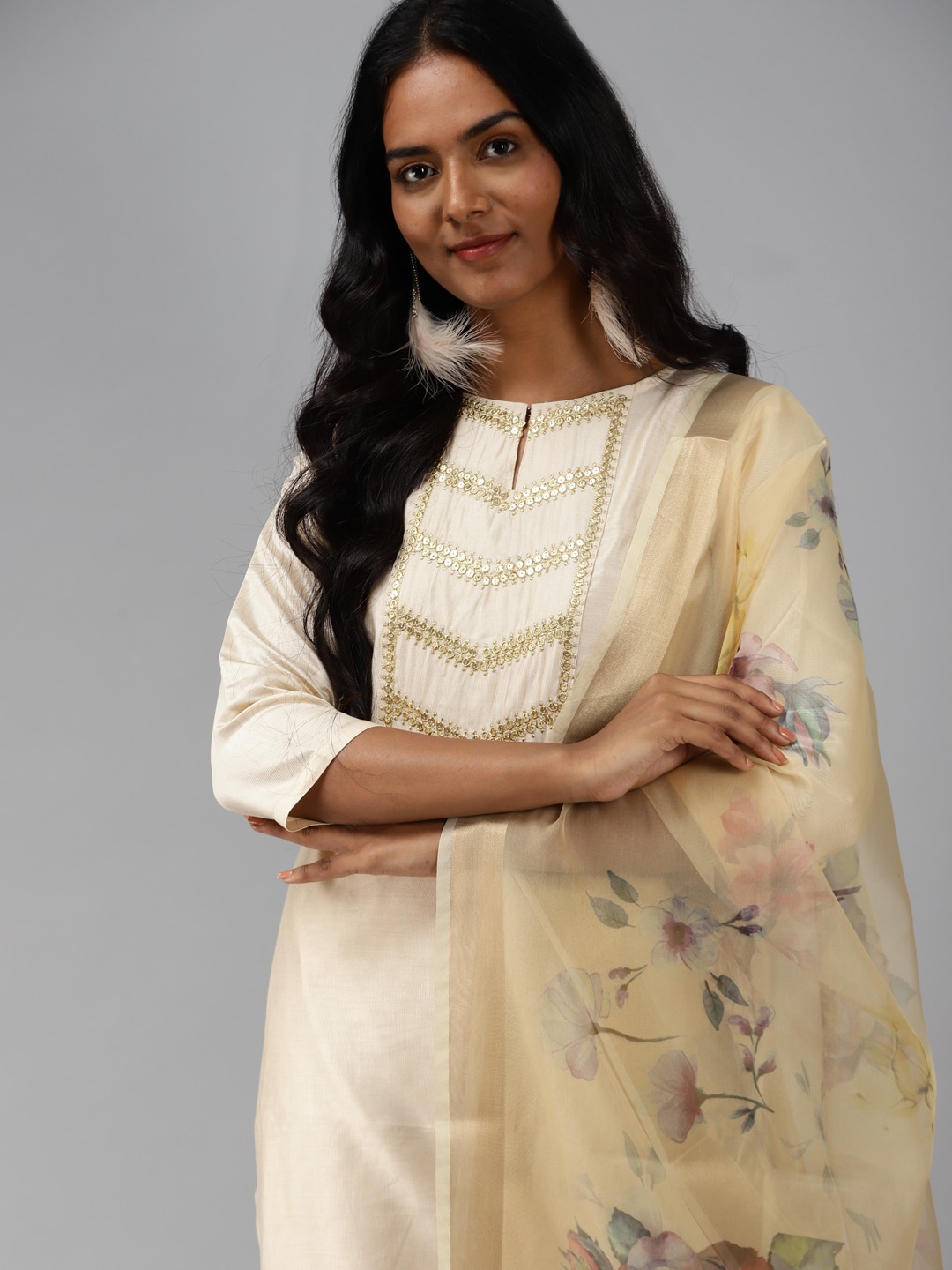 

Indo Era Women Off White Regular Sequinned Liva Kurta with Trousers & With Dupatta