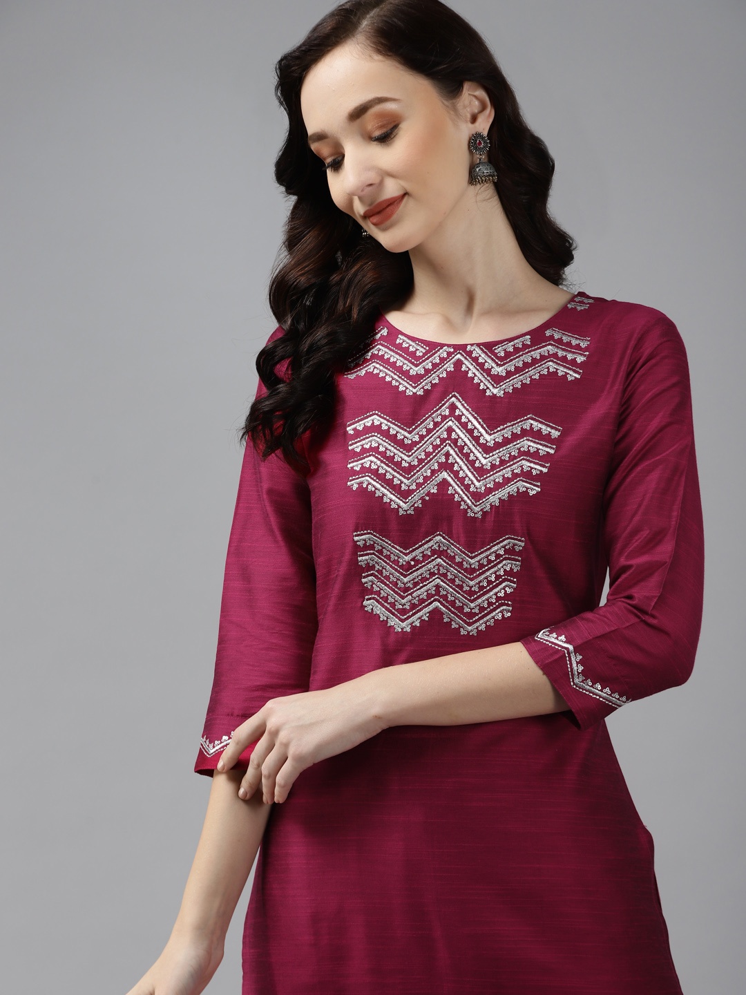 

Indo Era Women Magenta Embroidered Regular Kurta with Trousers