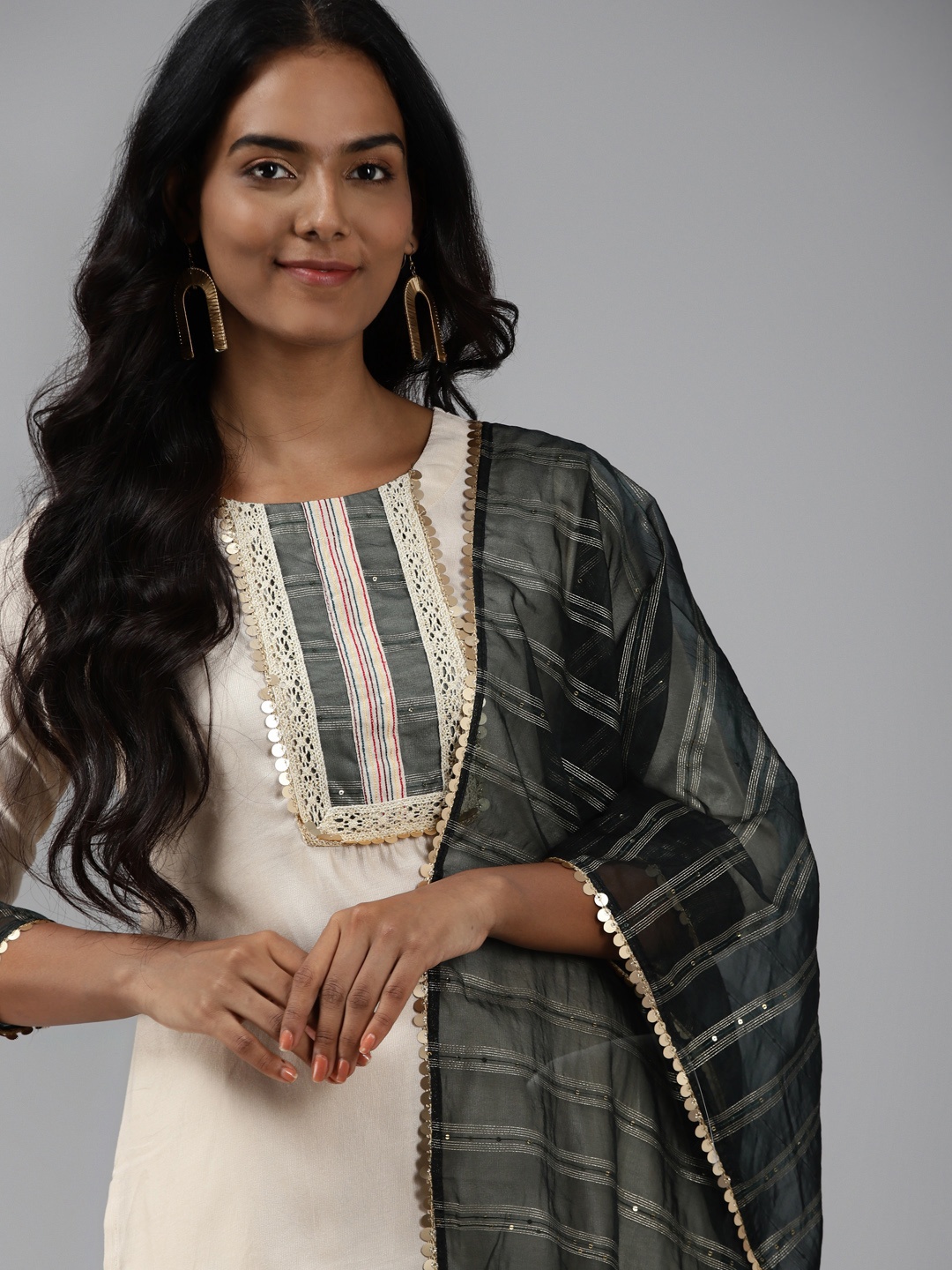 

Indo Era Women Off White Yoke Design Regular Kurta with Palazzos & With Dupatta