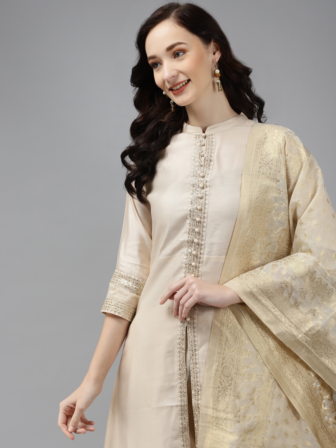 

Indo Era Women Cream-Coloured Regular Liva Kurta with Trousers & With Dupatta