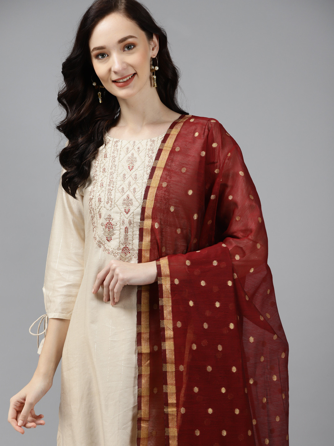 

Indo Era Women Beige Floral Embroidered Regular Liva Kurta with Palazzos & With Dupatta