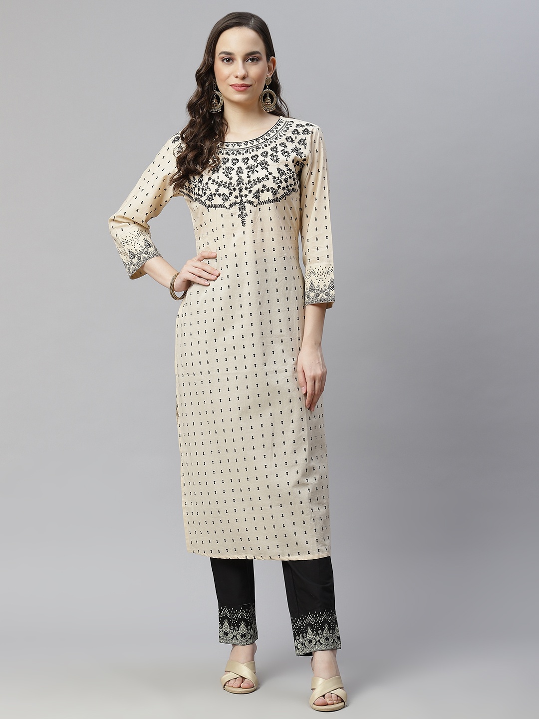 

Hatheli Women Beige Ethnic Motifs Embroidered Regular Pure Cotton Kurta with Palazzos