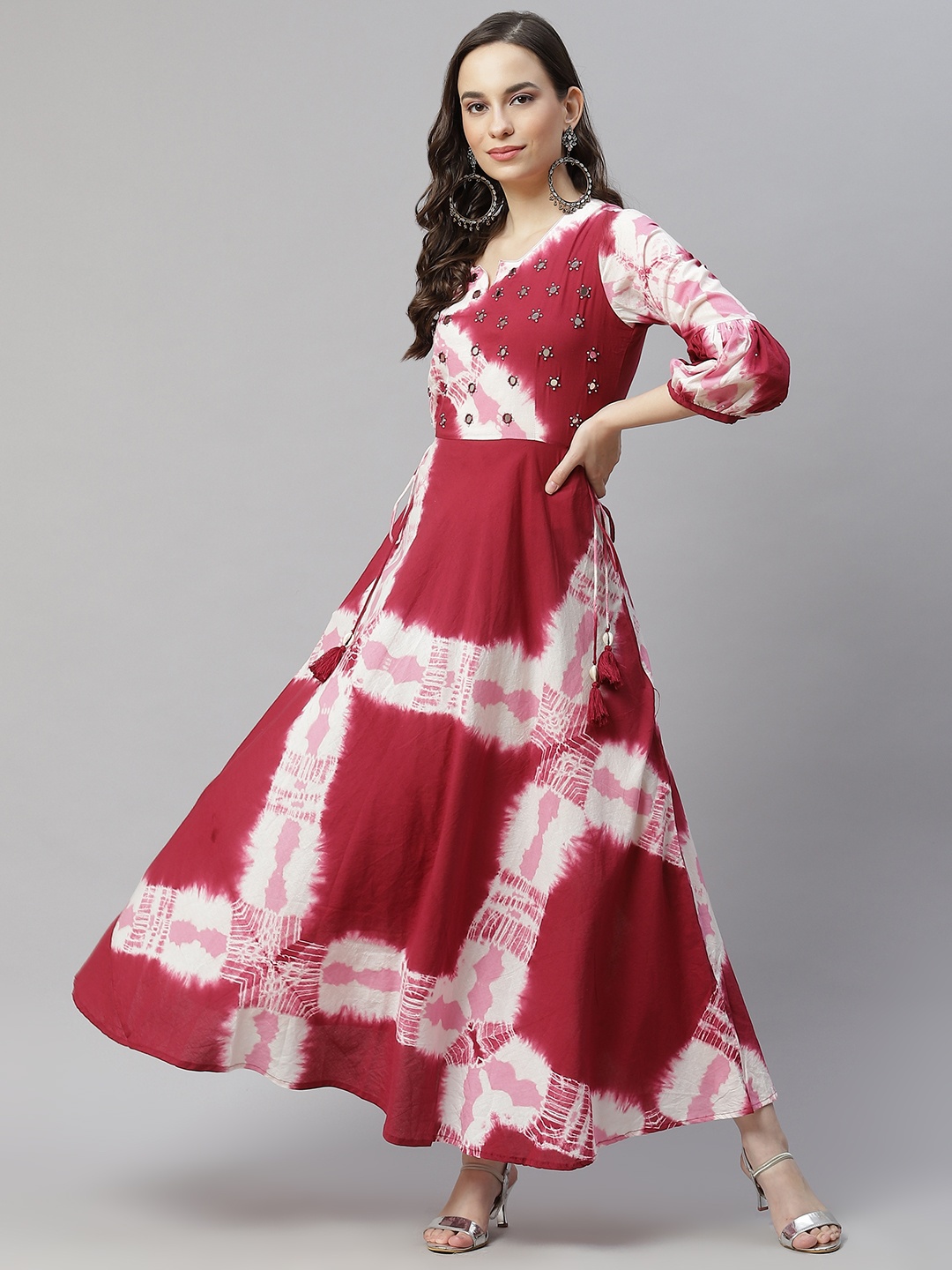 

Hatheli Pink & Off White Mirror Work Tie and Dye Ethnic Maxi Dress