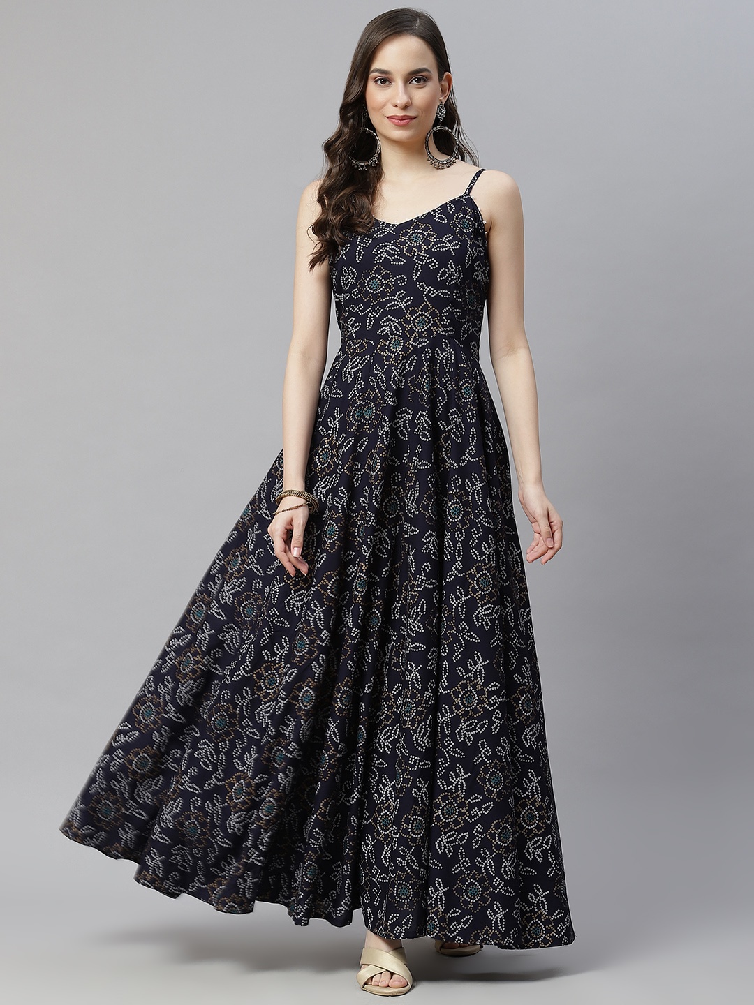 

Hatheli Navy Blue Ethnic Bandhani Flared A-Line Maxi Dress