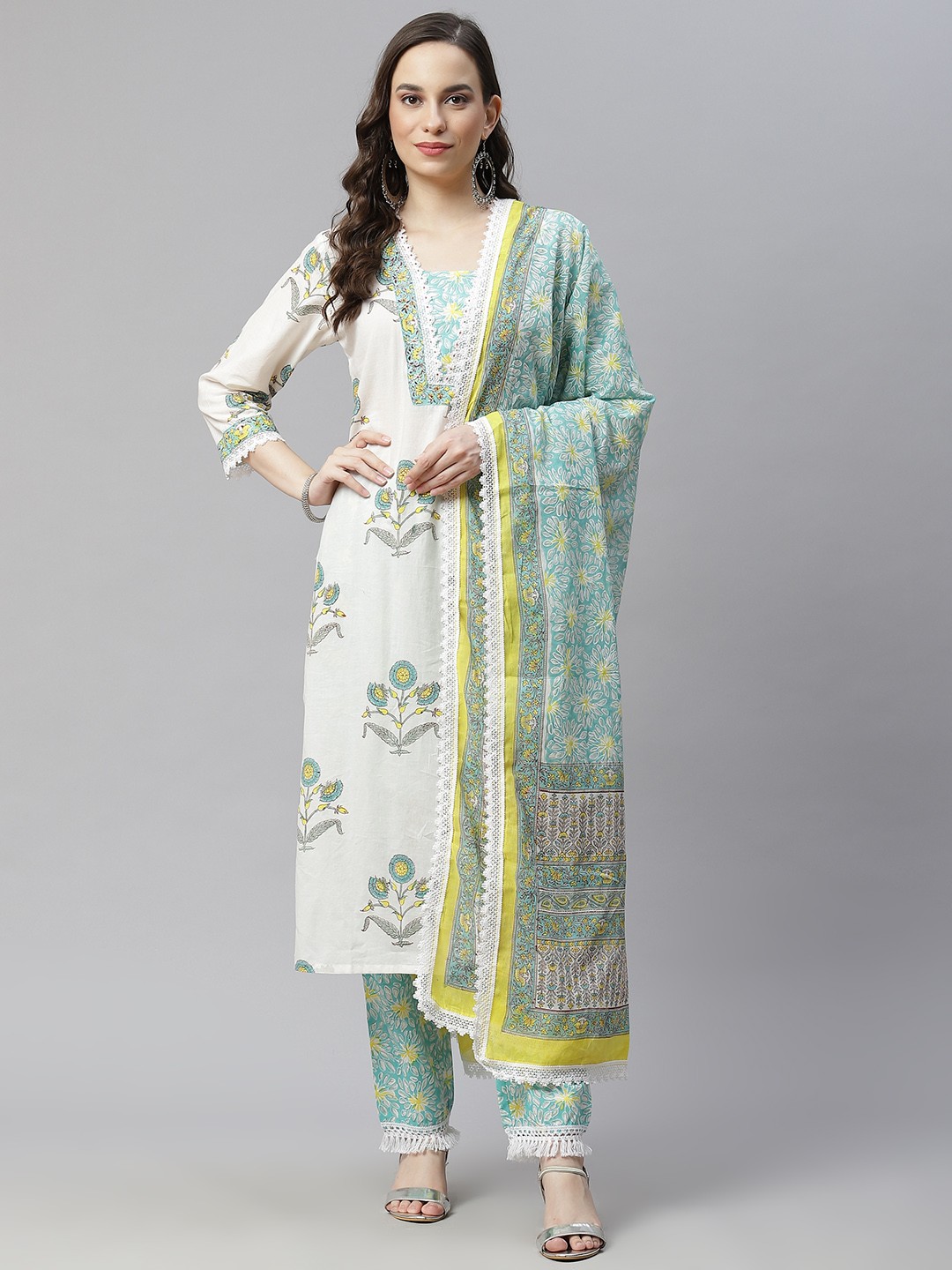 

Hatheli Women White Hand Block Printed Pure Cotton Kurta with Palazzos & Dupatta