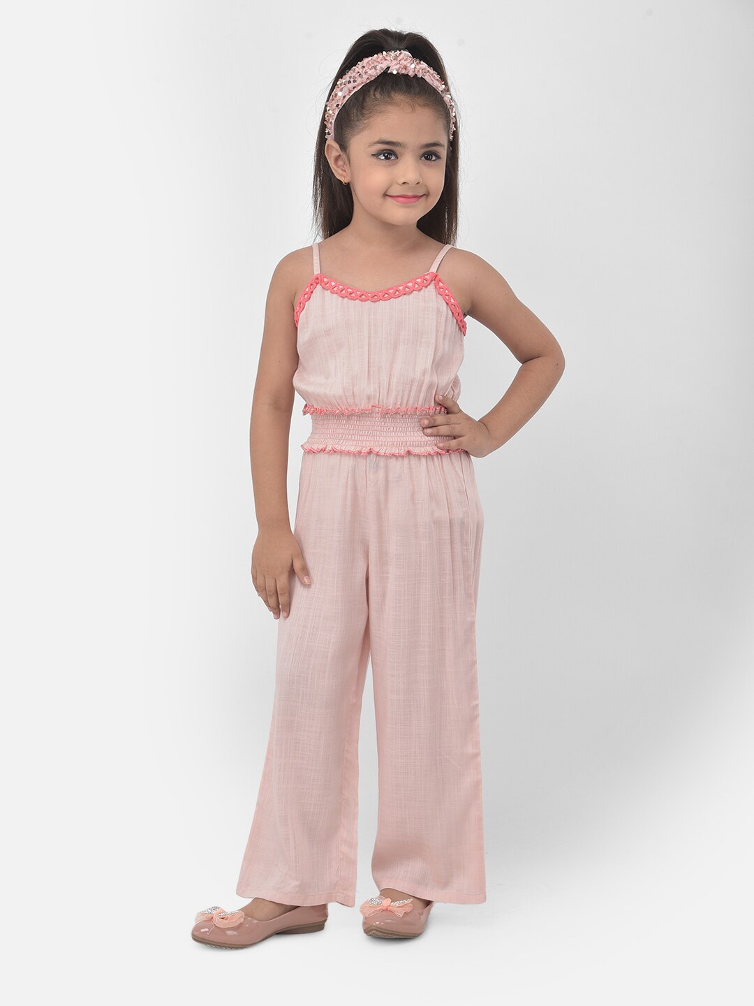 

Eavan Girls Peach-Coloured & Pink Solid Basic Jumpsuit