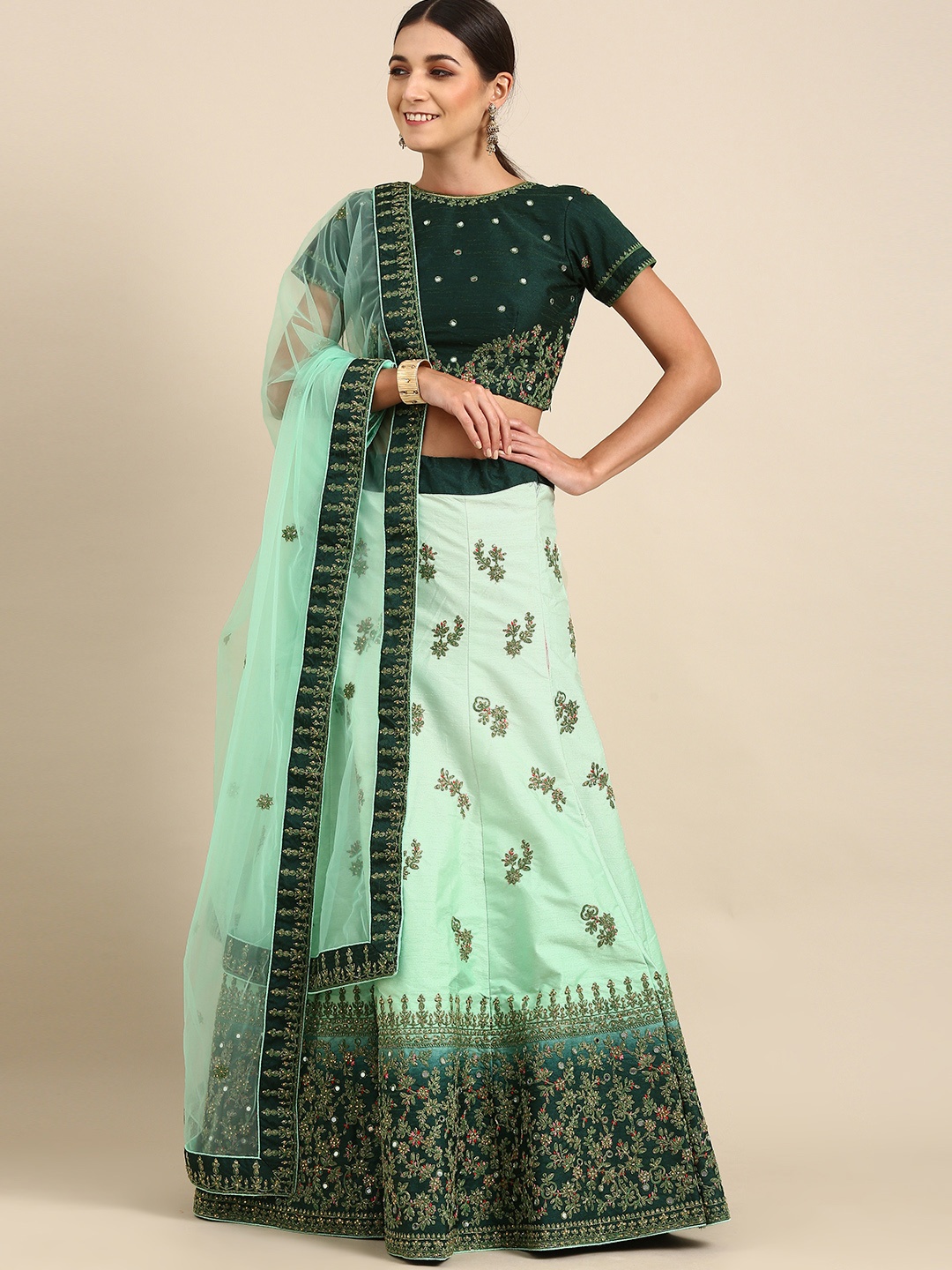 

Shaily Green Embroidered Mirror Work Semi-Stitched Lehenga & Unstitched Blouse With Dupatta
