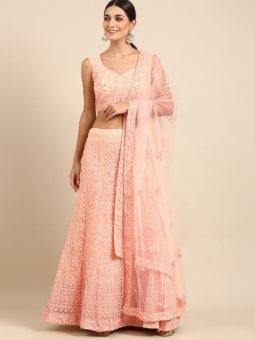 

Shaily Peach-Coloured Embroidered Sequinned Semi-Stitched Lehenga & Unstitched Blouse With Dupatta