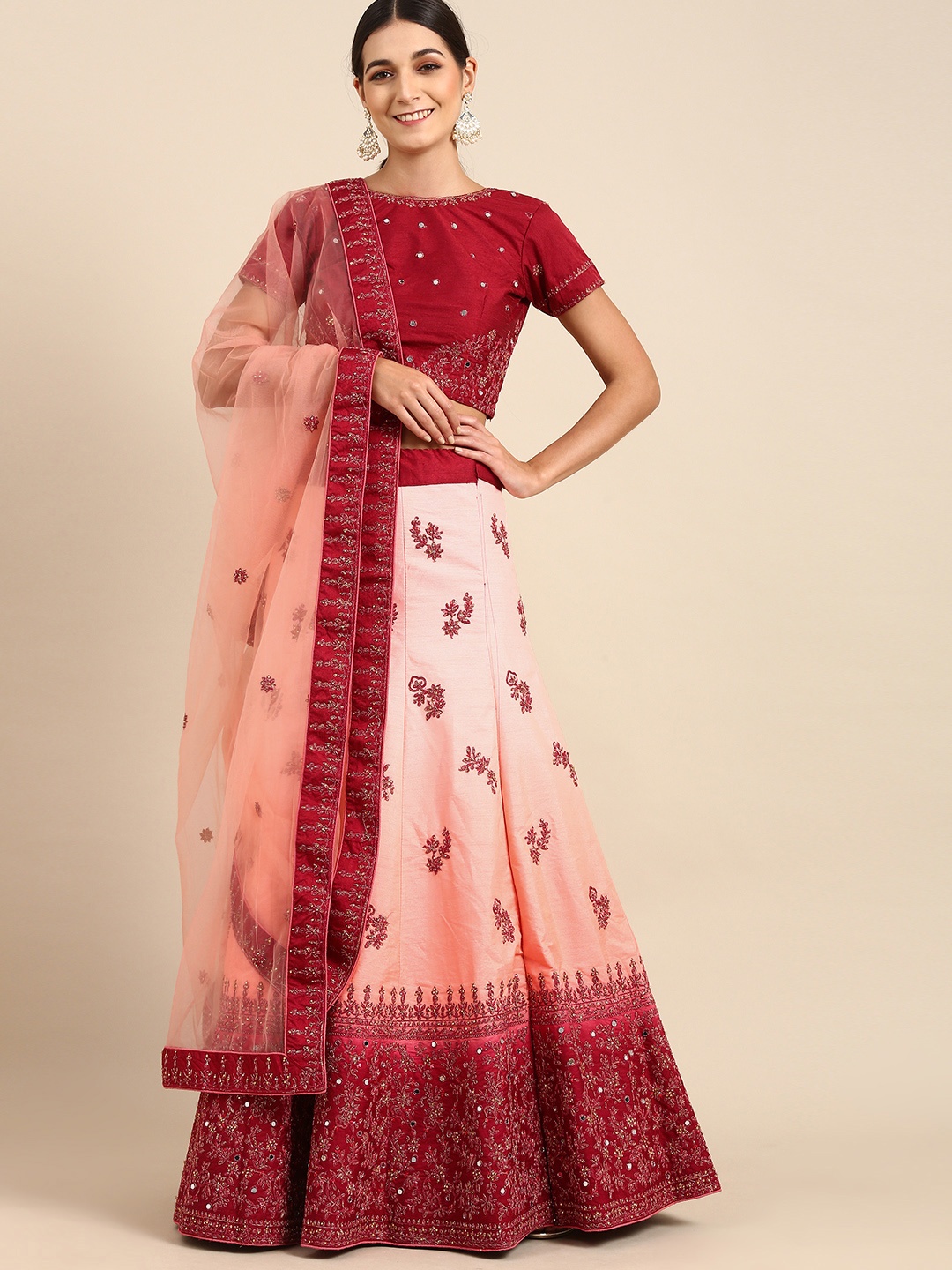 

Shaily Peach-Coloured & Maroon Mirror Work Semi-Stitched Lehenga & Unstitched Blouse