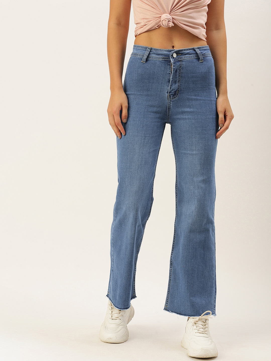 

SHECZZAR Women Blue Bootcut High-Rise Slash Knee Light Fade Stretchable Jeans
