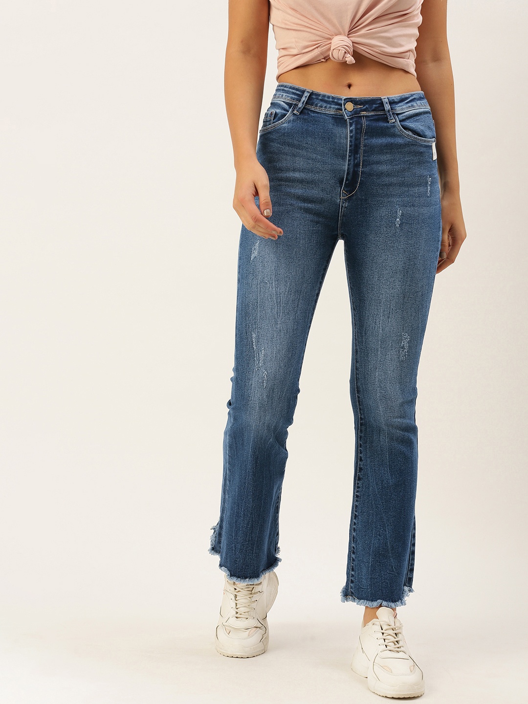 

SHECZZAR Women Blue Bootcut High-Rise Low Distress Light Fade Stretchable Jeans