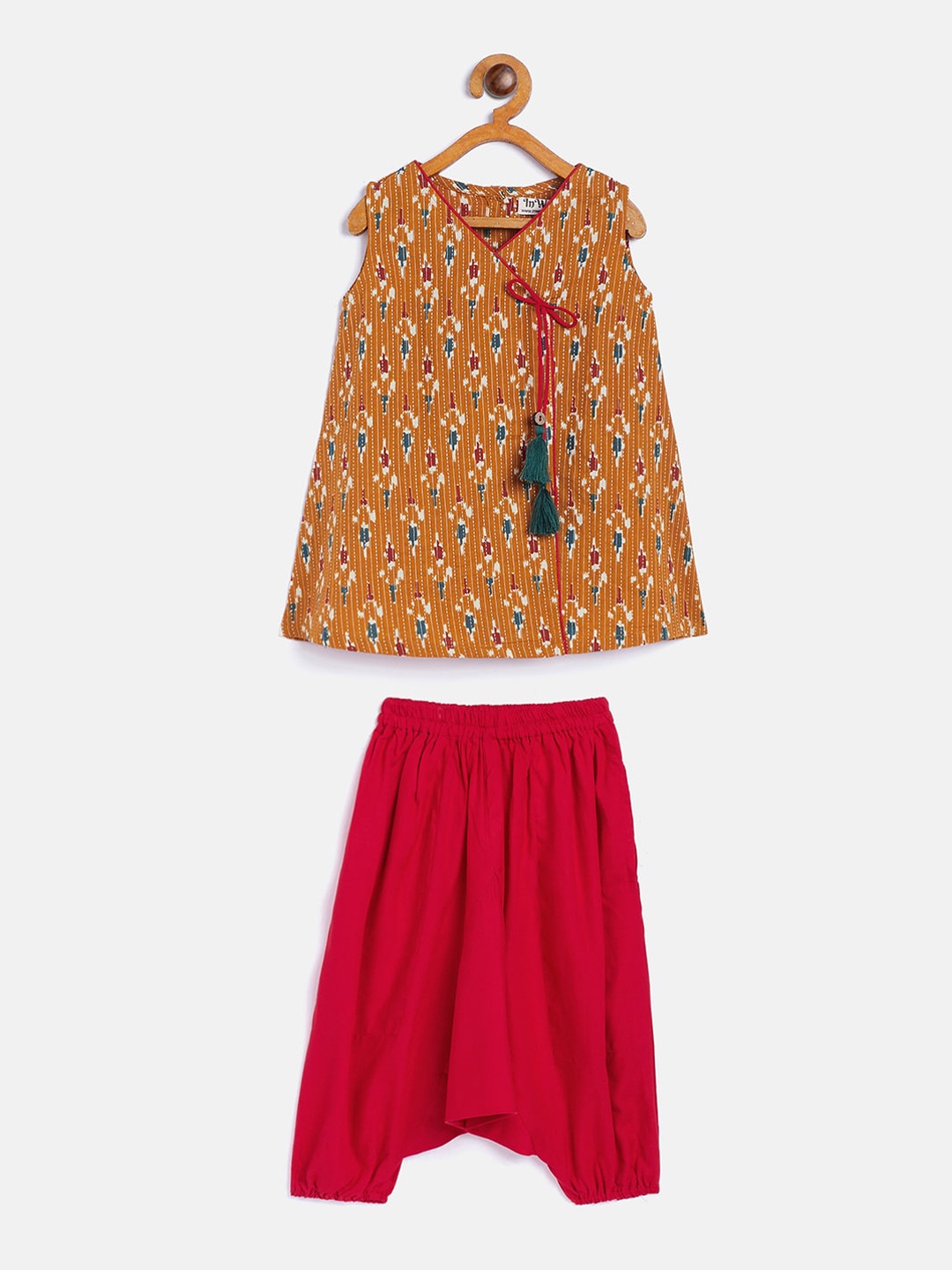 

InWeave Girls Mustard Yellow Printed Angrakha Pure Cotton Kurti with Harem Pants