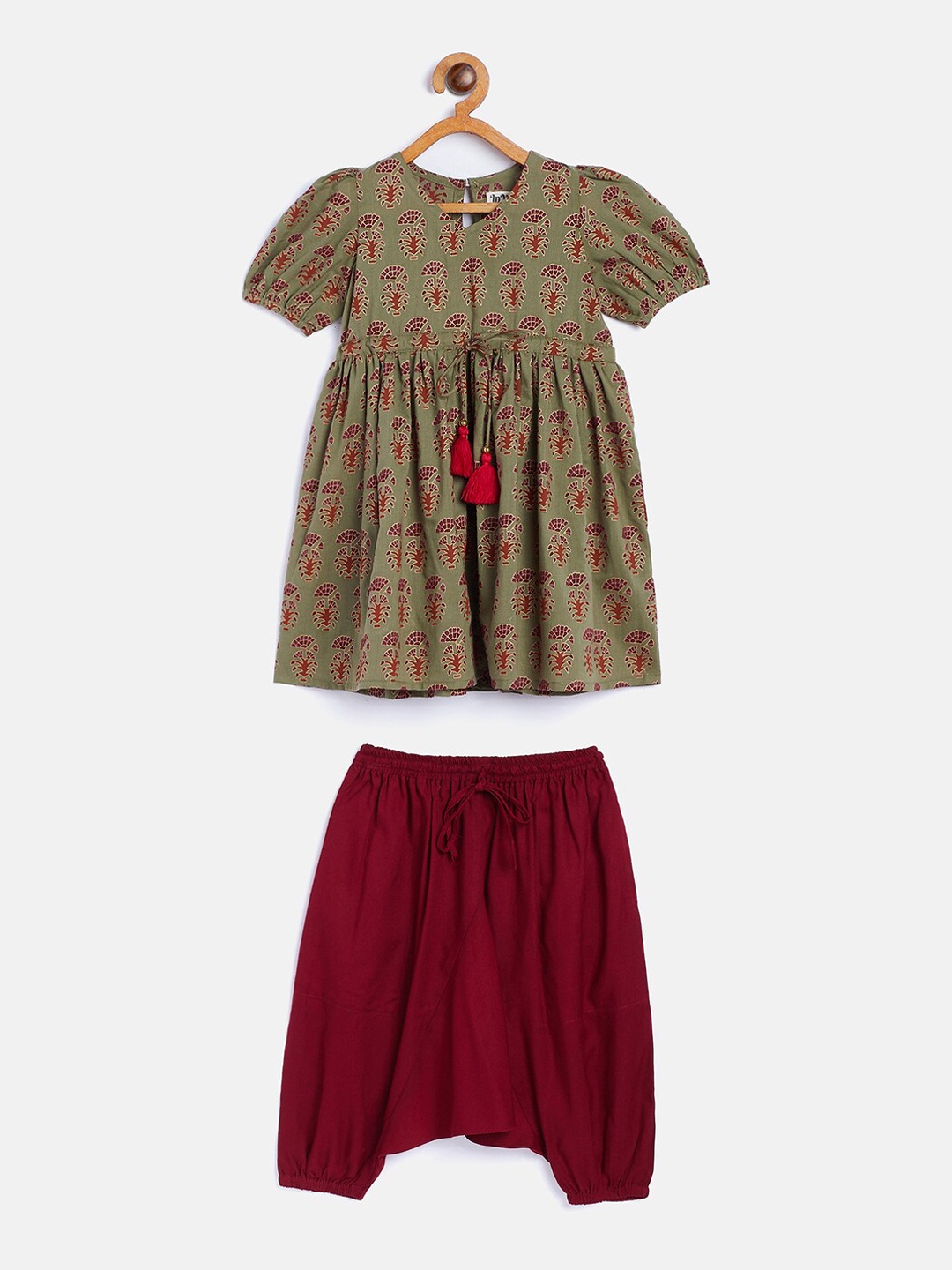 

InWeave Girls Olive Green Floral Printed Empire Pure Cotton Kurti with Harem Pants