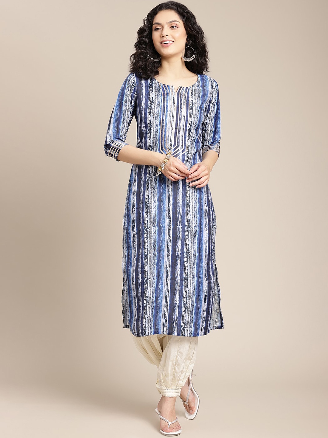 

KSUT Women Blue & White Striped Gotta Patti Kurta