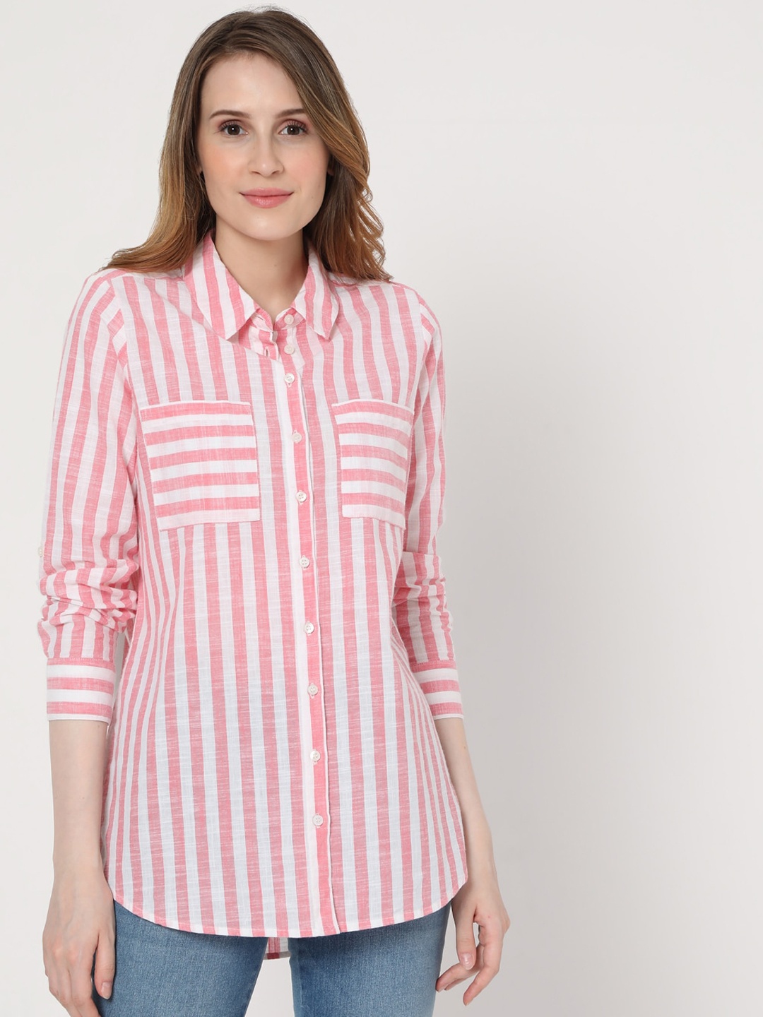 

Vero Moda Women Pink Opaque Striped Casual Shirt