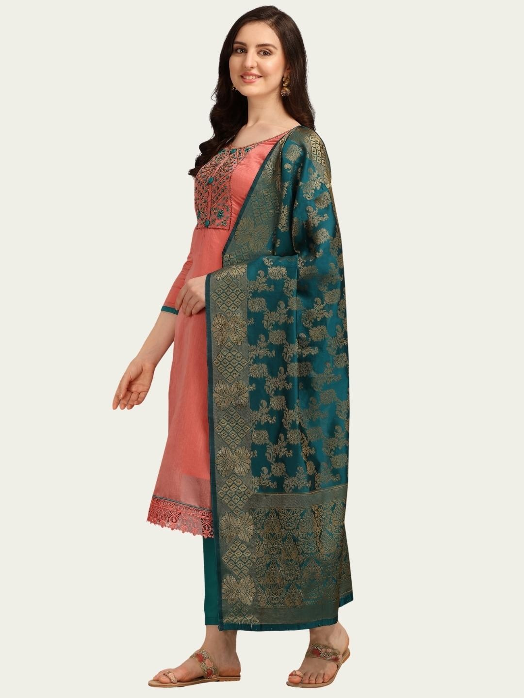 

Ethnic Junction Peach-Coloured & Teal Green Embroidered Unstitched Dress Material
