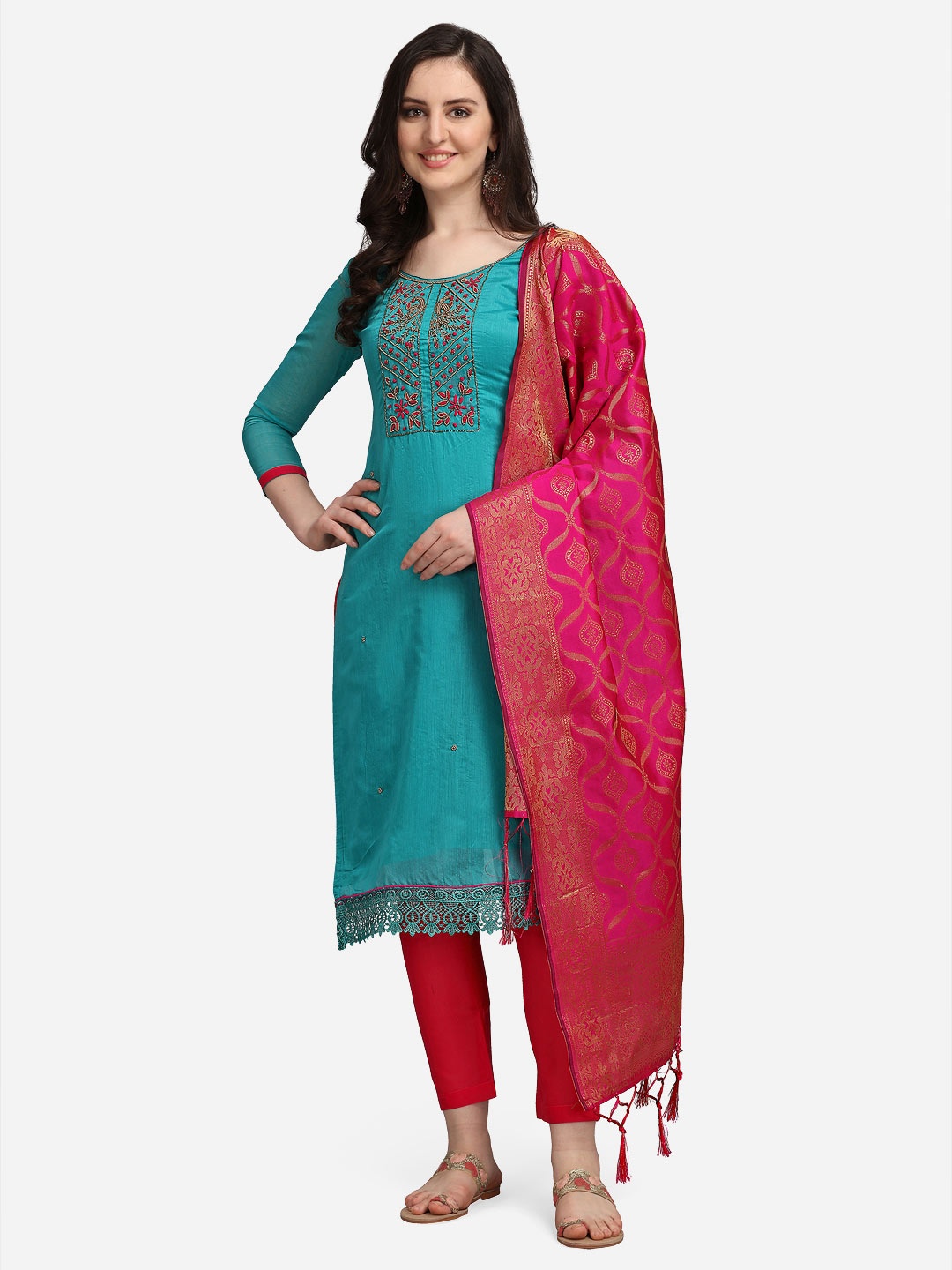 

Ethnic Junction Teal Green & Maroon Embroidered Unstitched Dress Material