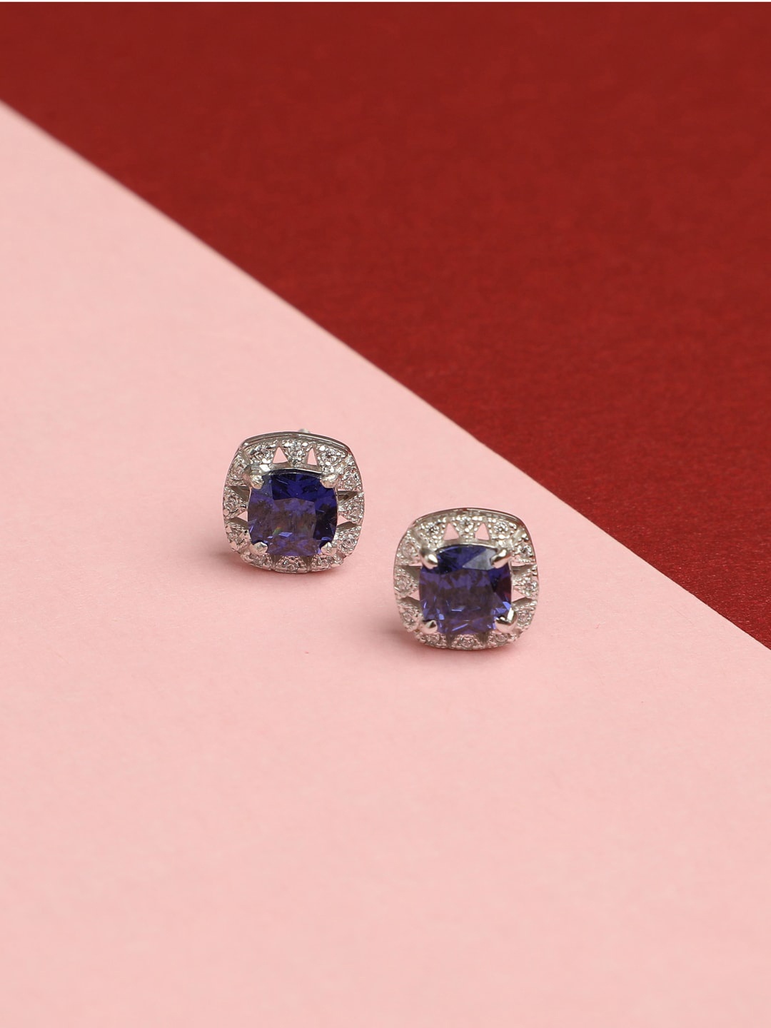 

Clara Rhodium-Plated Blue & Silver-Toned Square Shaped Studs