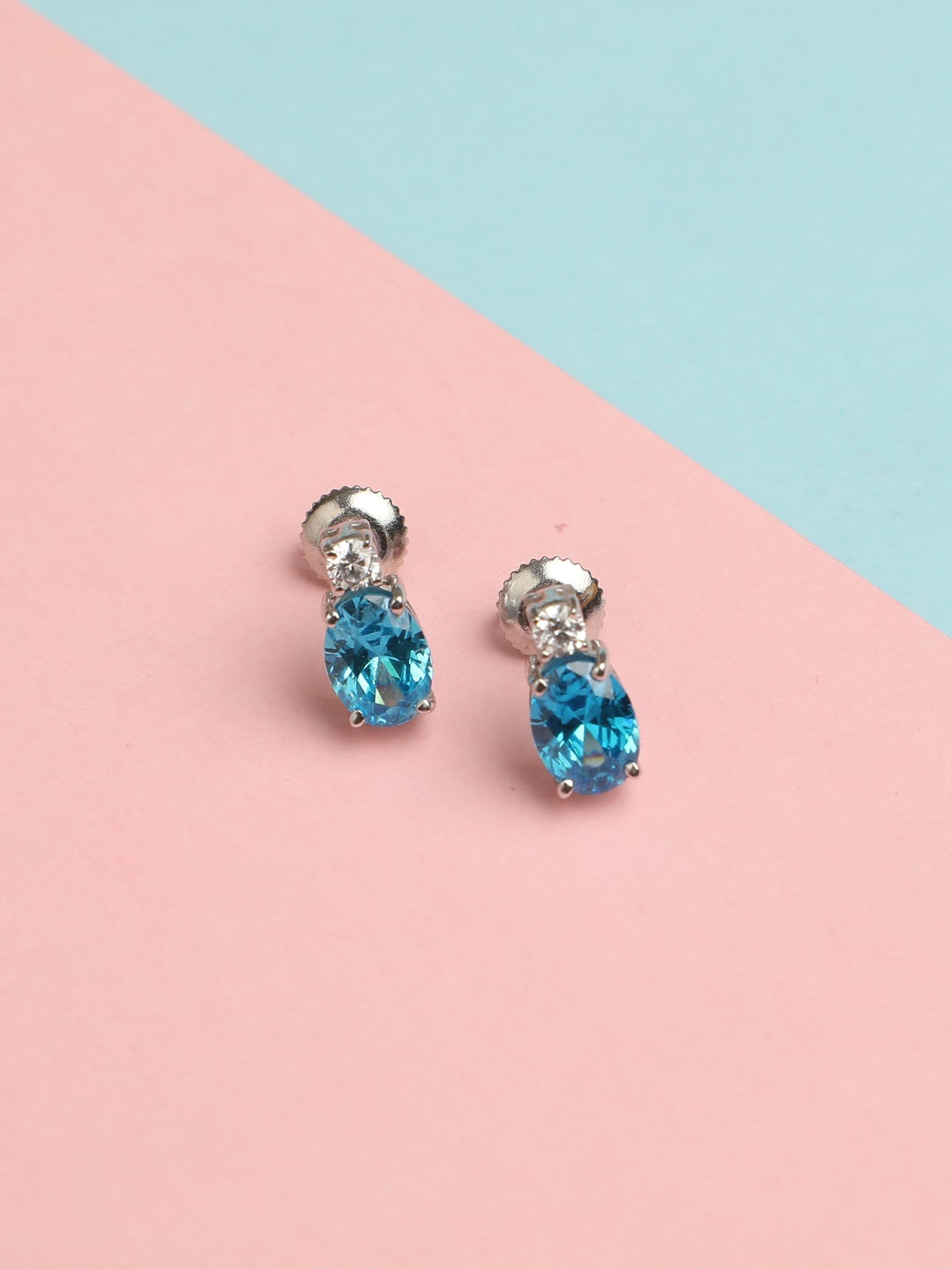 

Clara Silver-Toned & Blue Oval Studs Earrings