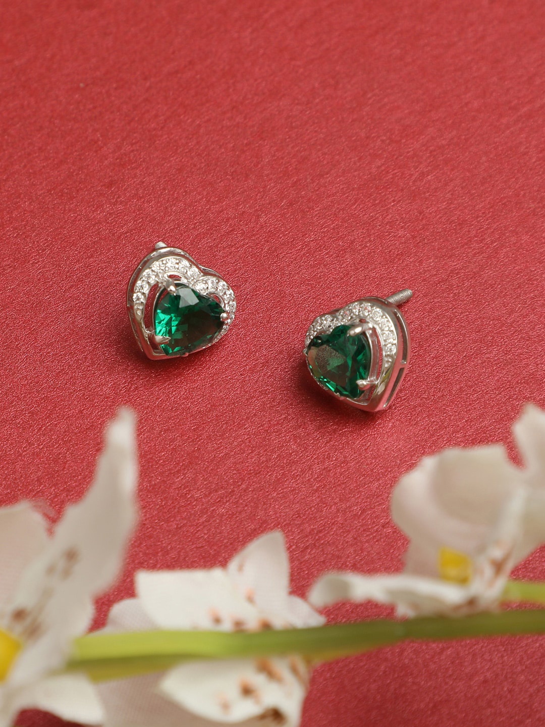 

Clara Rhodium-Plated Green & Silver-Toned Heart Shaped Studs Earrings