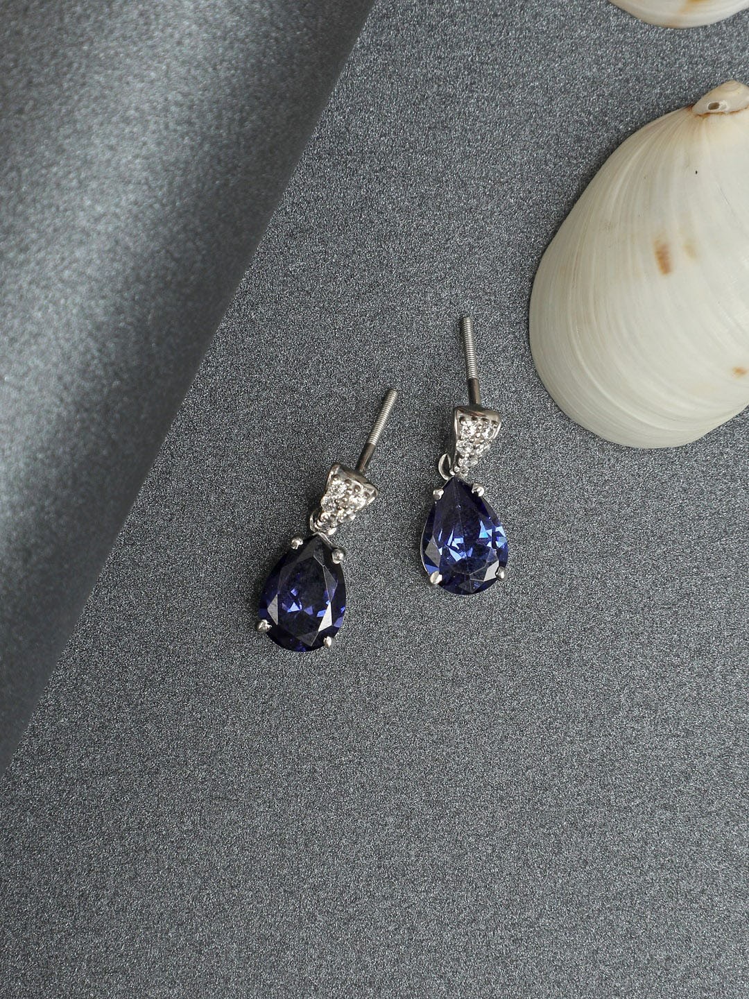 

Clara Rhodium-Plated Blue & Silver-Toned Teardrop Shaped Drop Earrings