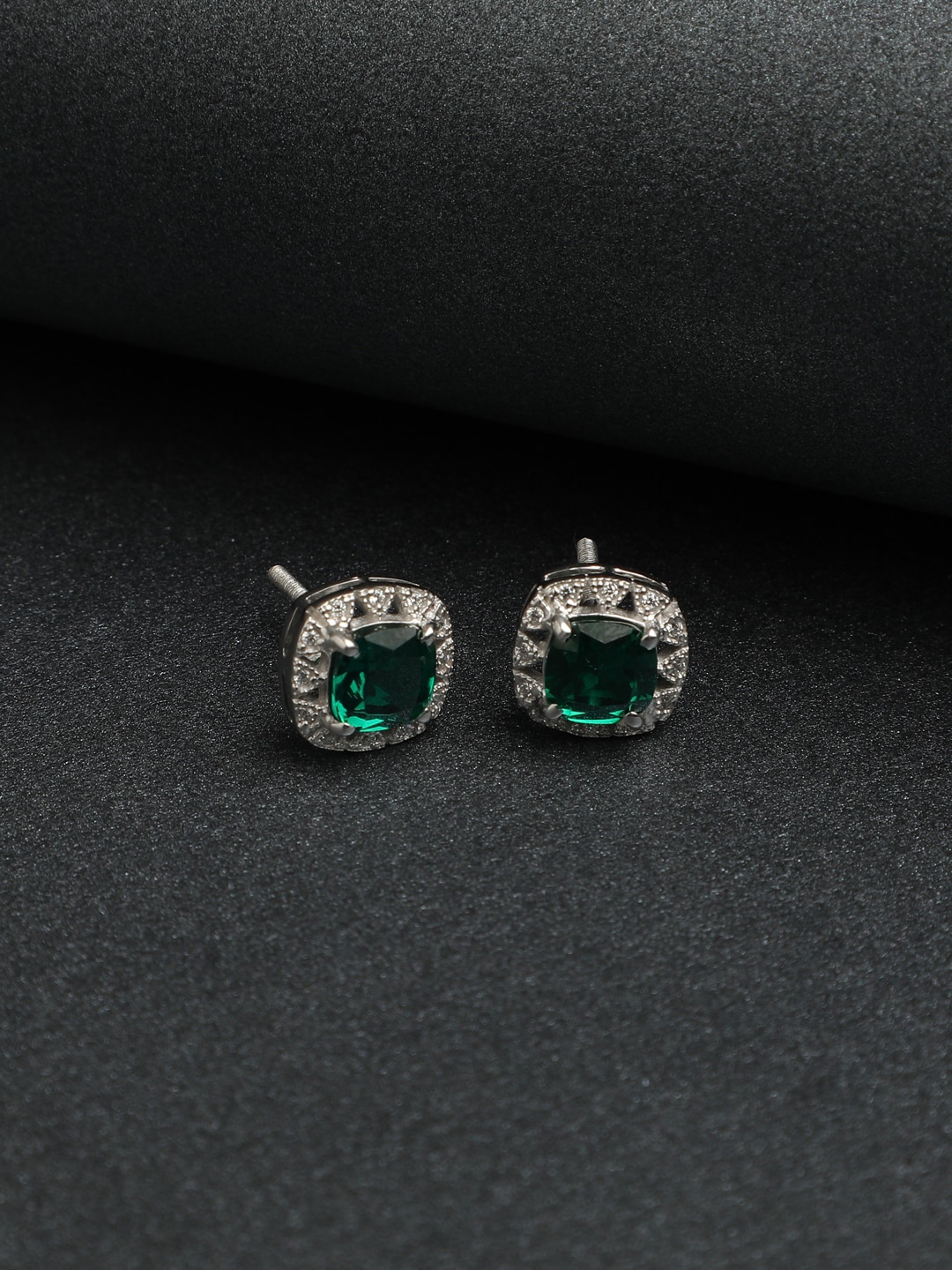 

Clara Silver-Toned & Green Contemporary Studs Earrings