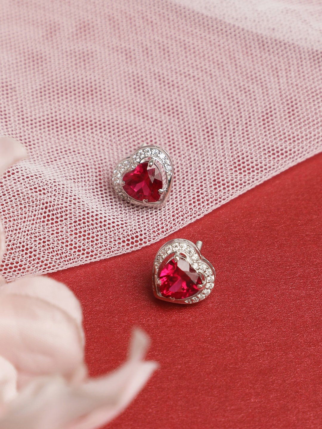 

Clara Red & Silver-Toned Rhodium-Plated Heart Handcrafted Studs Earrings