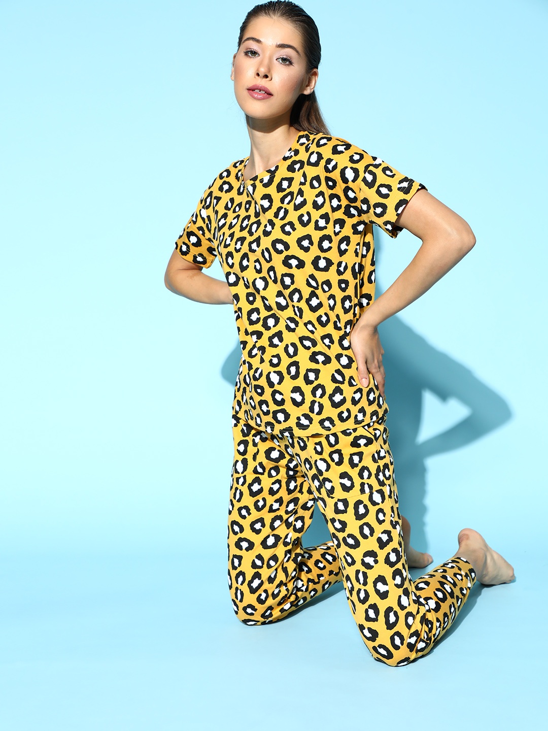 

Masha Women Bright Yellow Animal Printed Night Suit