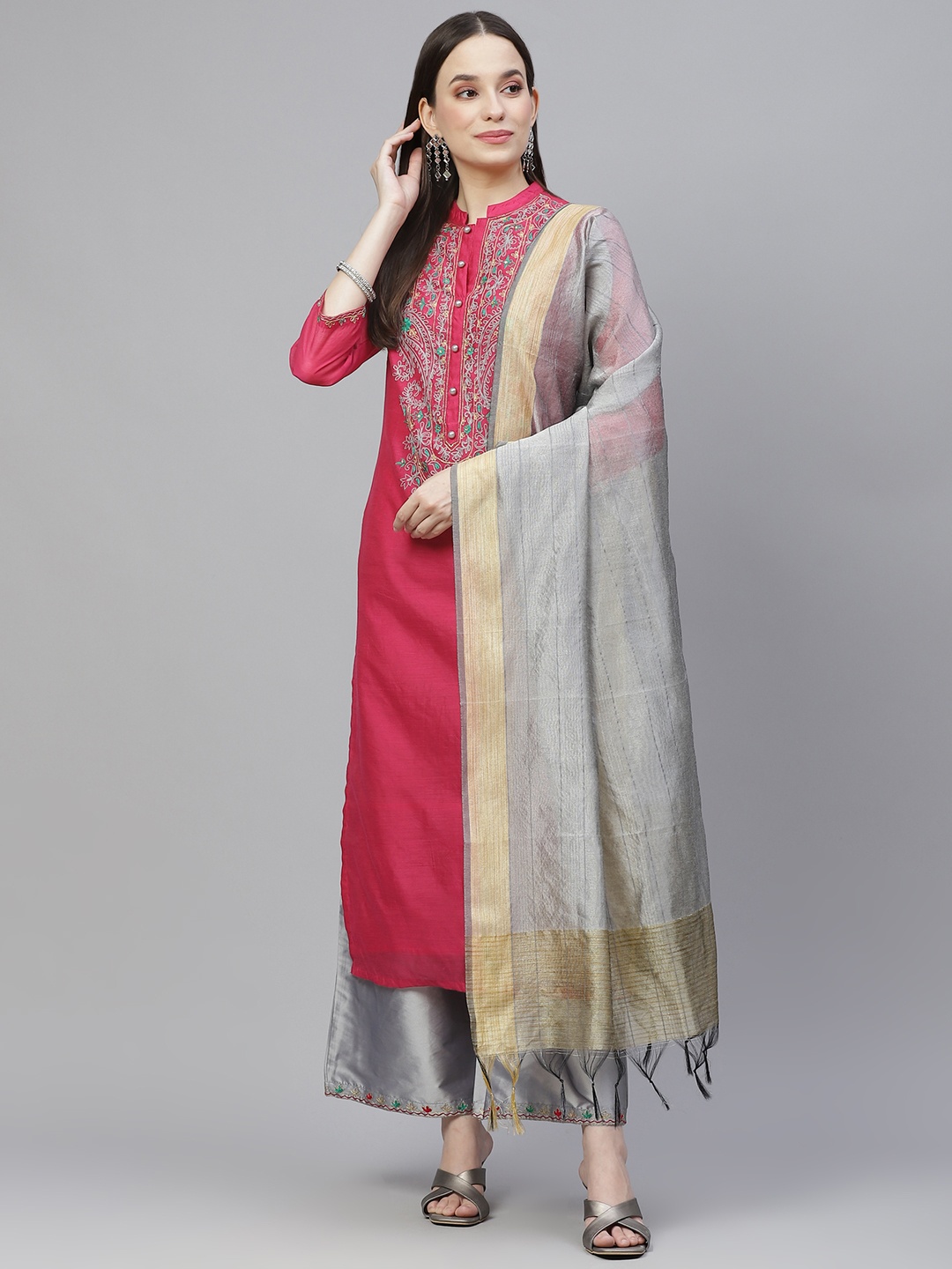 

Tulsattva Women Red & Grey Ethnic Yoke Design Aari Work Kurta with Palazzos & With Dupatta