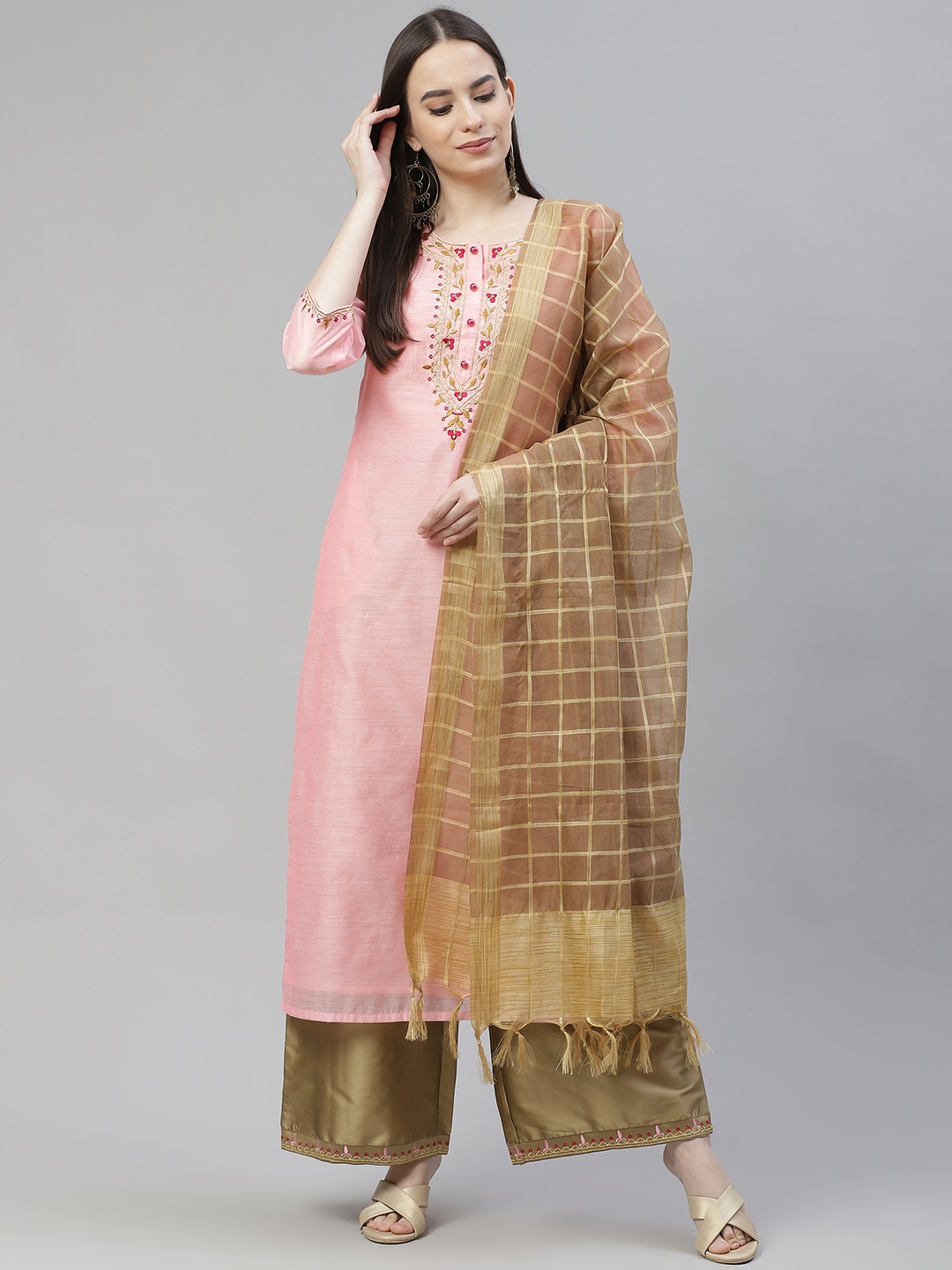 

Tulsattva Women Pink Ethnic Motifs Embroidered Regular Kurta with Palazzos & With Dupatta