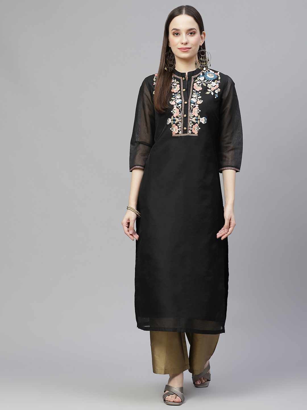 

Tulsattva Women Black & Beige Yoke Embroidered Kurta with Palazzos