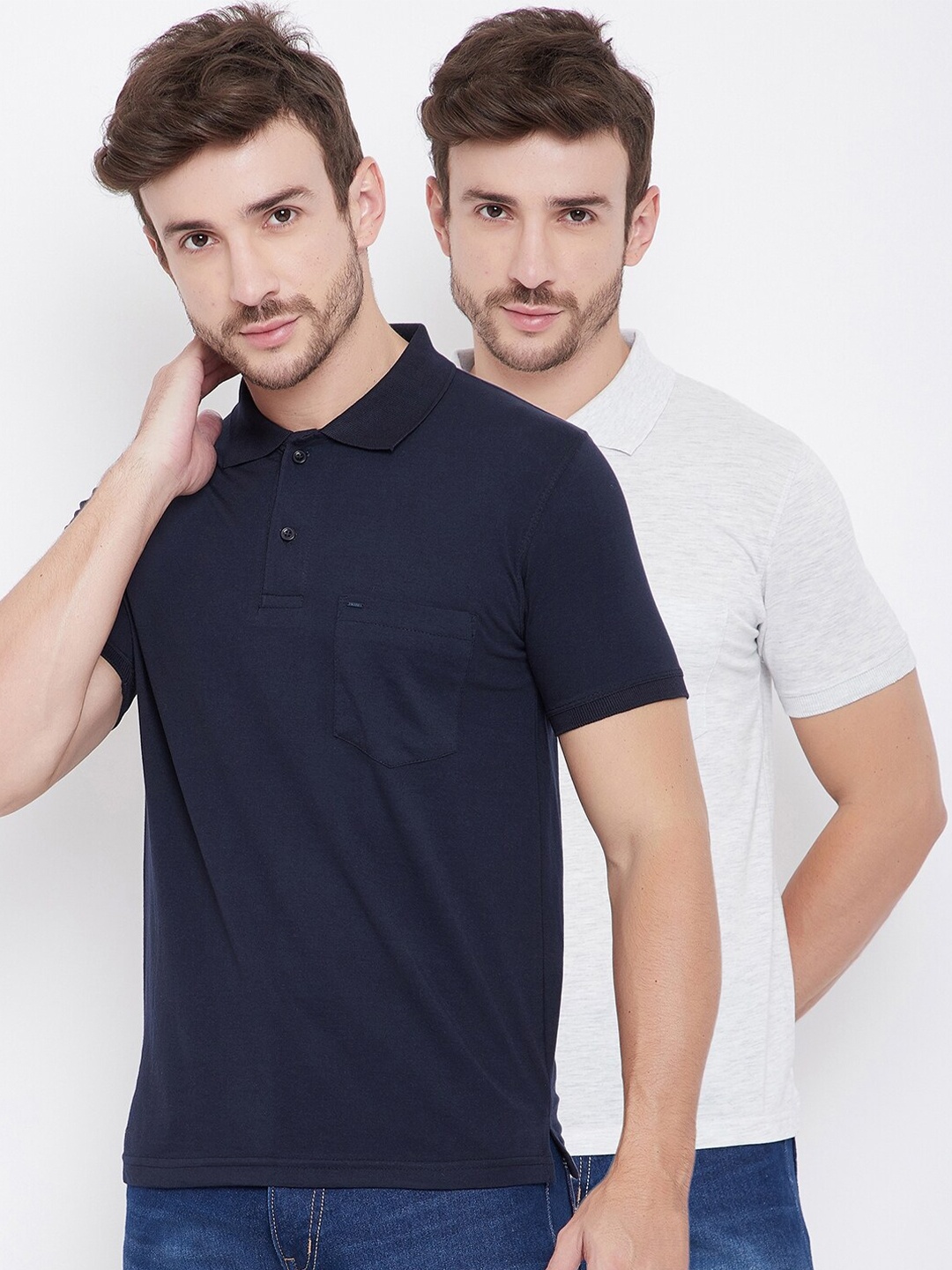 

Okane Men Pack of 2 Grey & Navy Blue Polo Collar T-shirt