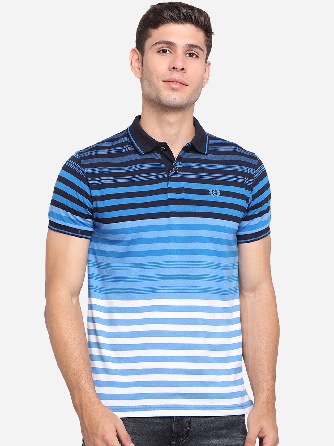 

Greenfibre Men Blue & White Striped Polo Collar Slim Fit Pure Cotton T-shirt