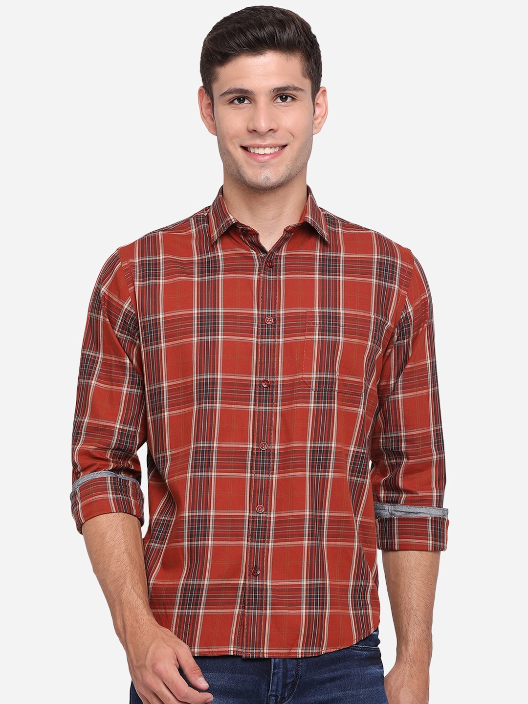 

Greenfibre Men Rust Slim Fit Opaque Checked Pure Cotton Casual Shirt