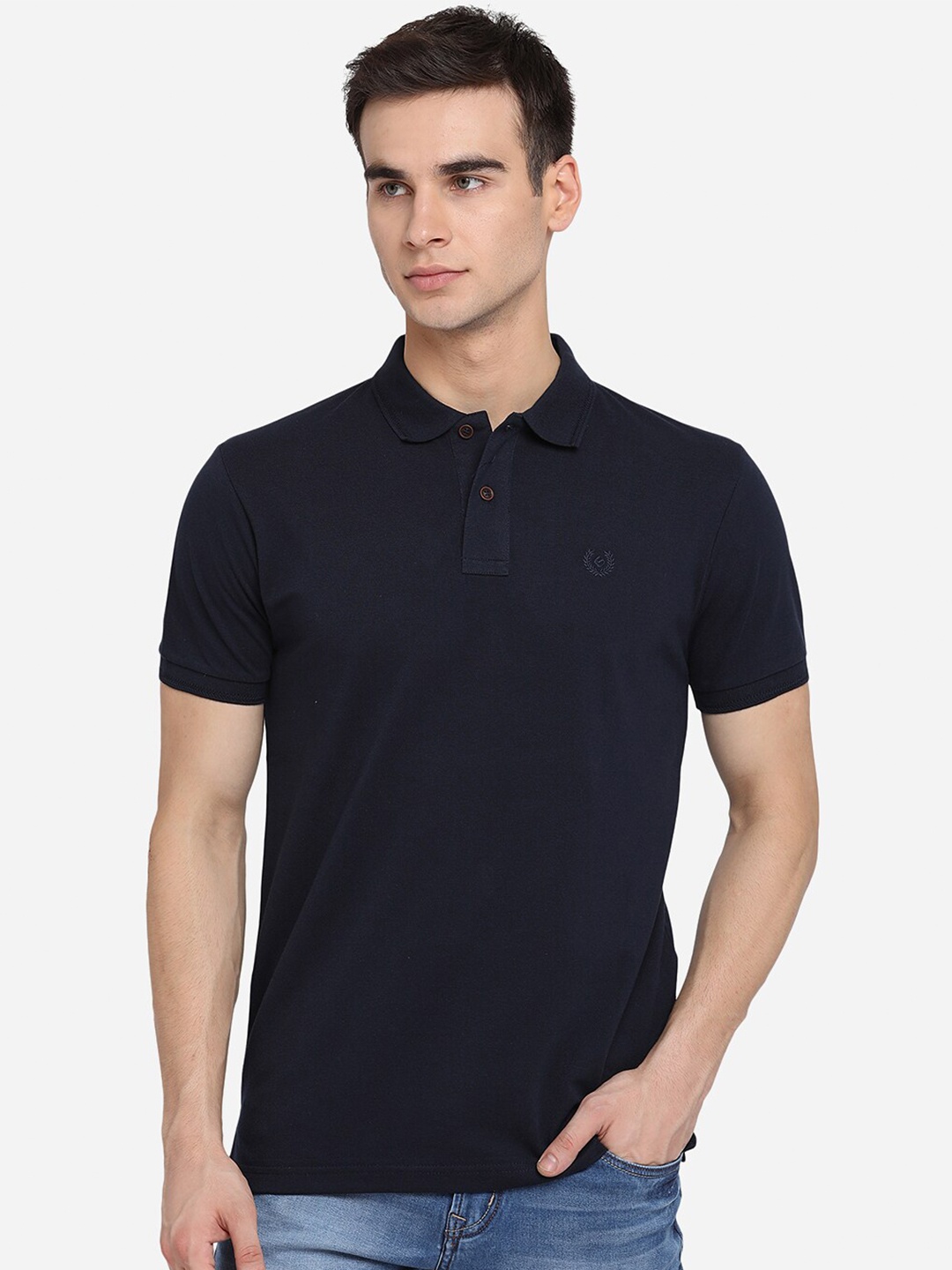 

Greenfibre Men Blue Pure Cotton Polo Collar Slim Fit T-shirt