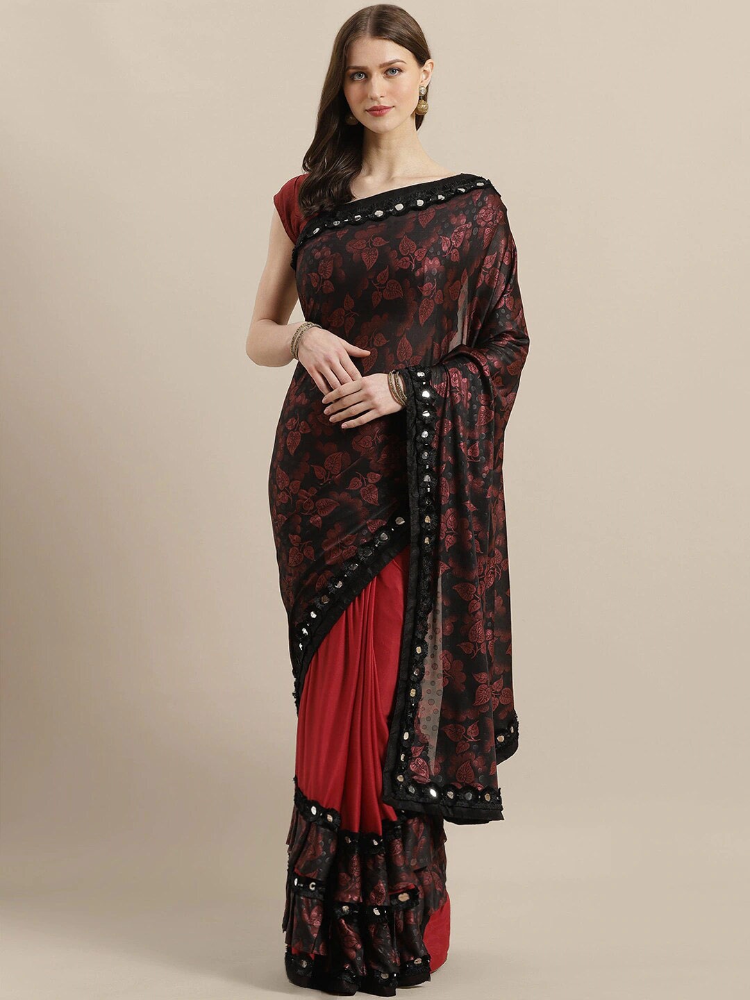 

Ishin Maroon & Black Floral Printed Mirror Work Saree