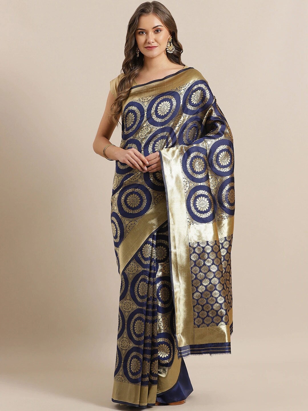 

Ishin Navy Blue & Gold-Toned Ethnic Motifs Zari Art Silk Saree