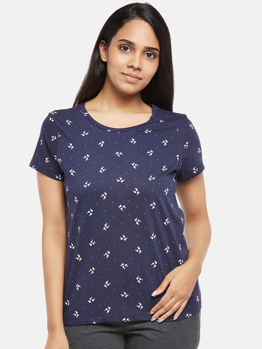 

Dreamz by Pantaloons Women Navy Blue & White Printed Pure Cotton Lounge T-shirt