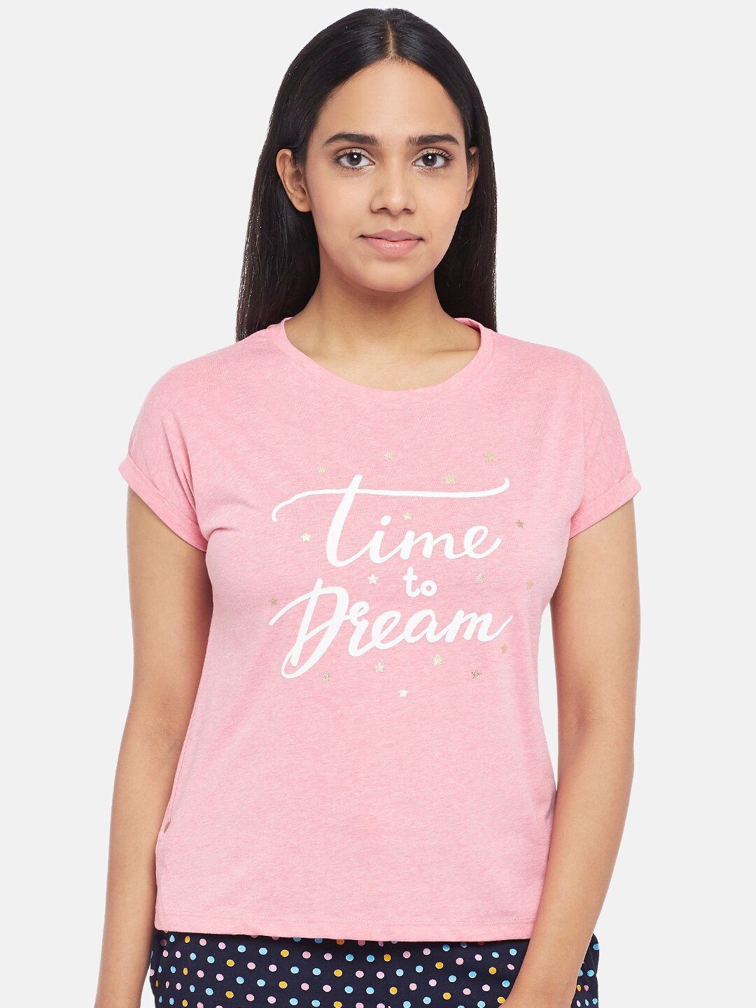 

Dreamz by Pantaloons Women Pink & White Typography Printed Pure Cotton Lounge T-shirt