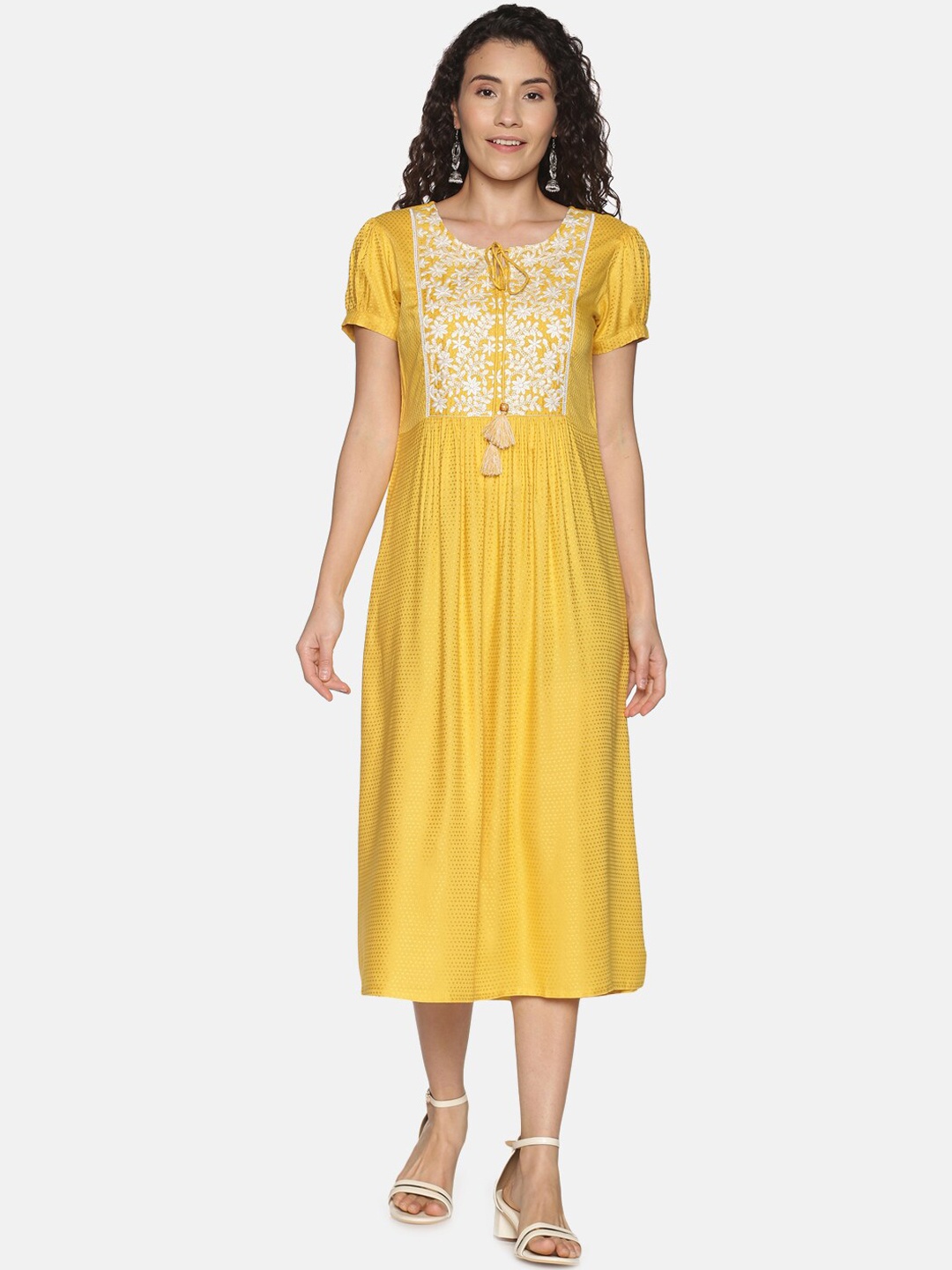 

Saffron Threads Yellow & White Floral Embroidered Tie-Up Neck A-Line Dress