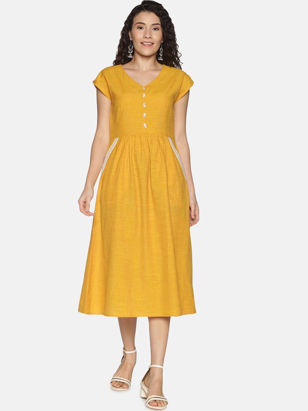 

Saffron Threads Women Mustard Yellow & White Cotton Dress